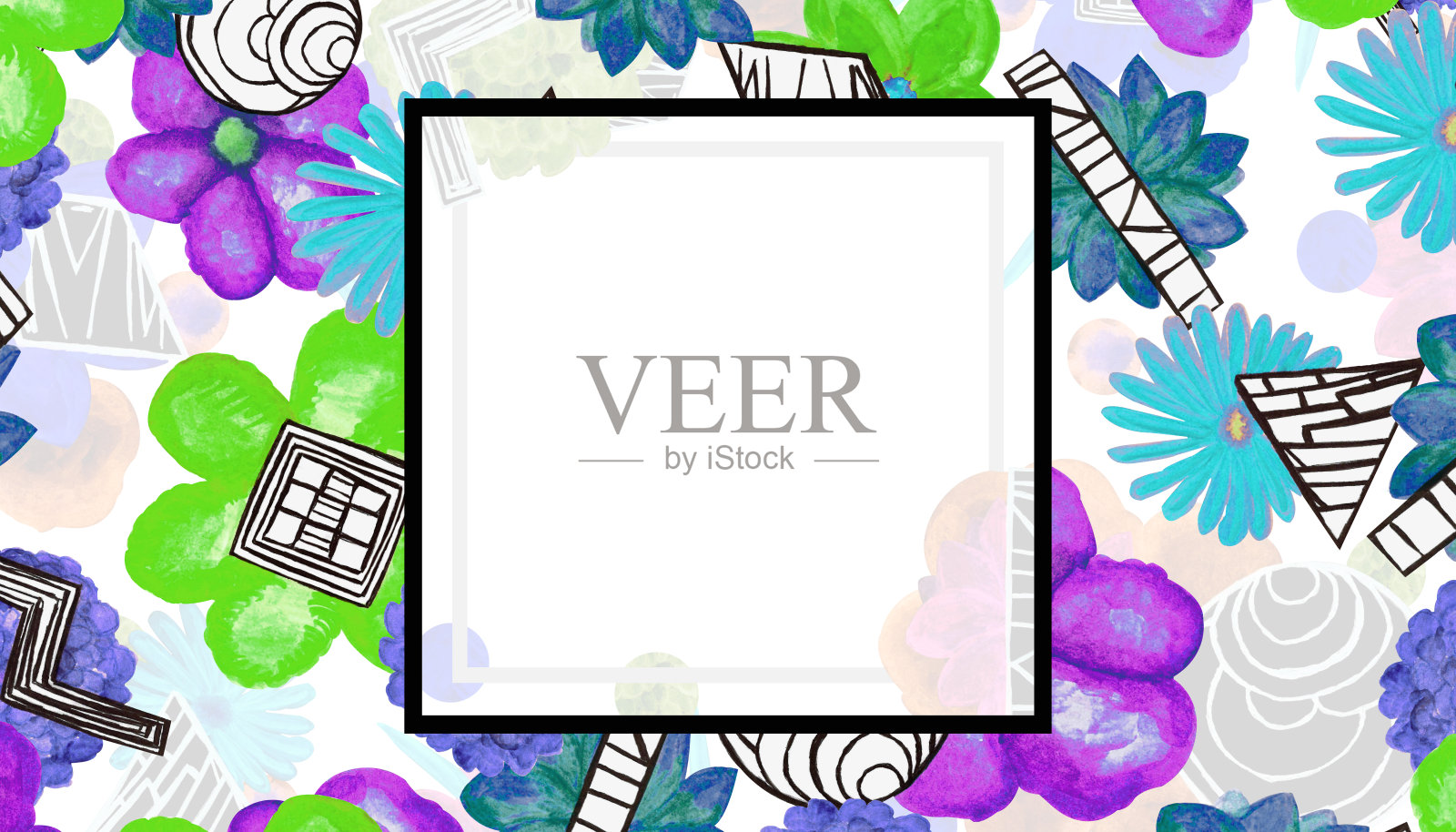 水彩模板丰富多彩的花园野花和几何形状，黑色框架上的白色背景为您设计插画图片素材