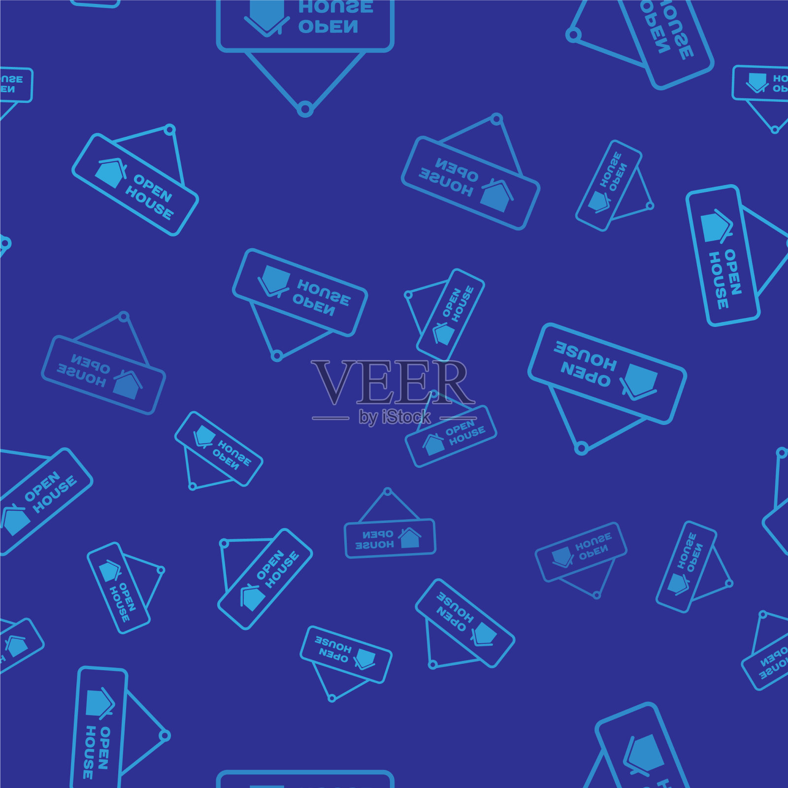 蓝色挂标志文字打开房子图标插画图片素材