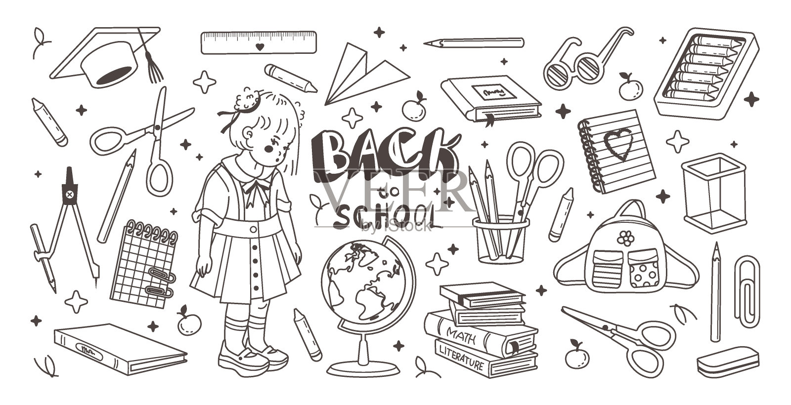 涂鸦收集学校用品。手绘插图。回到学校的概念。白色背景上的向量插画图片素材