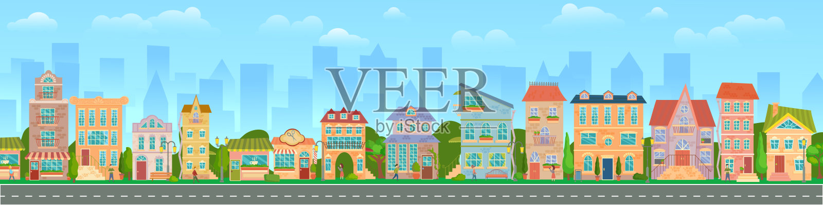 城市街道的野花。明亮的房屋，步行的行人，城市全景。商店和商店。夏天的城市。矢量插图在卡通风格。插画图片素材