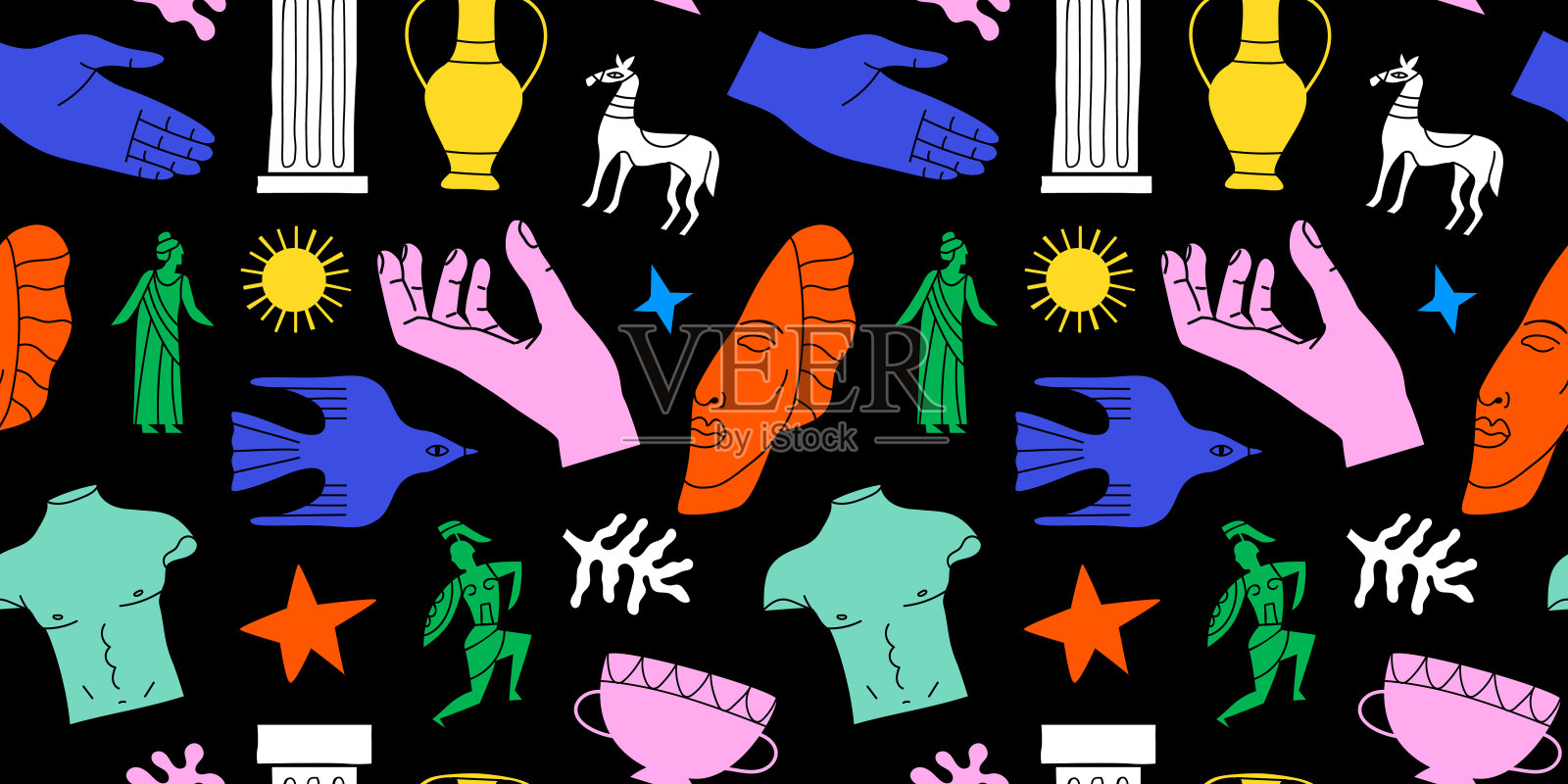 古希腊雕像与古典古纪念碑无缝图案插画图片素材