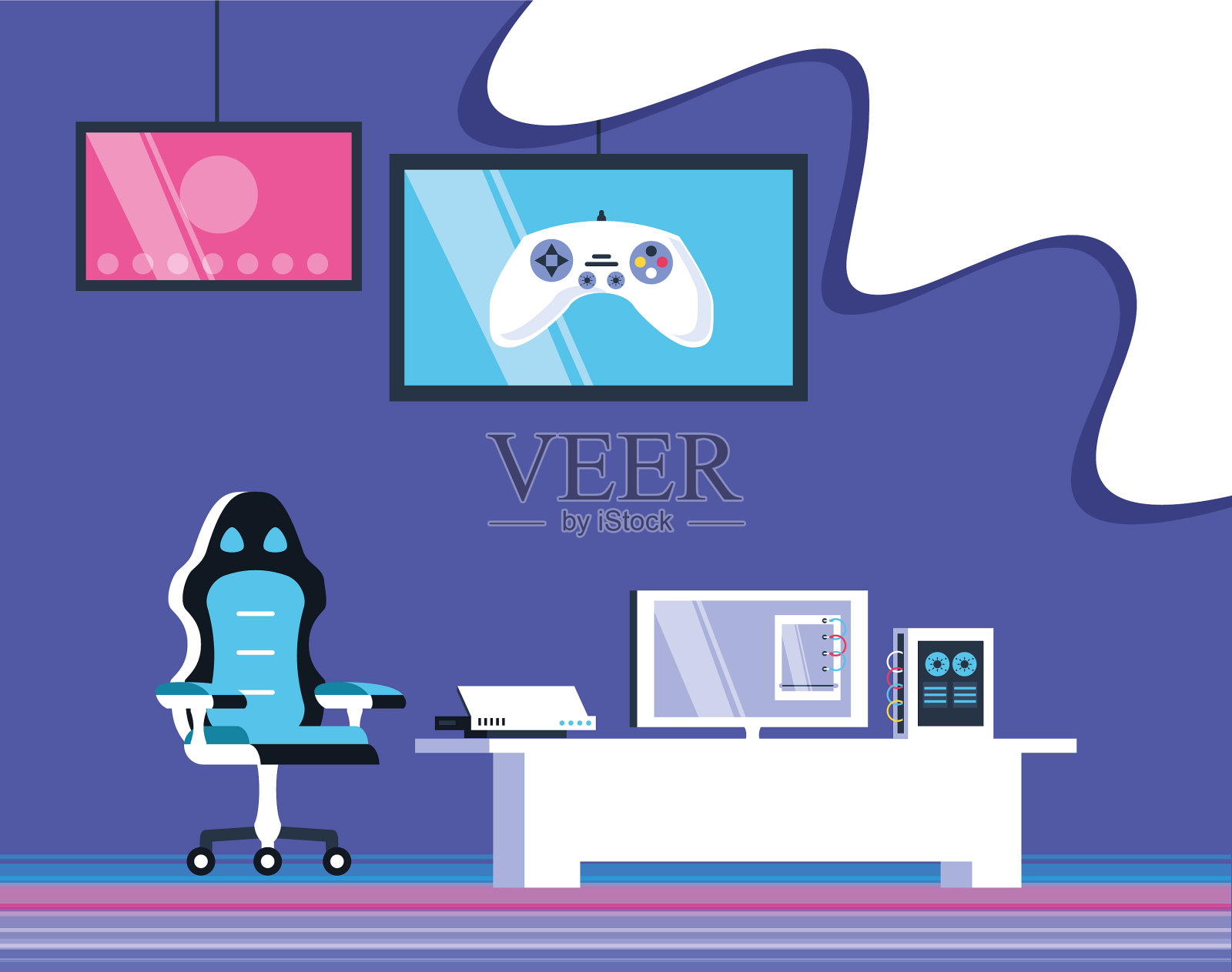 椅子和显示器的视频游戏娱乐插画图片素材