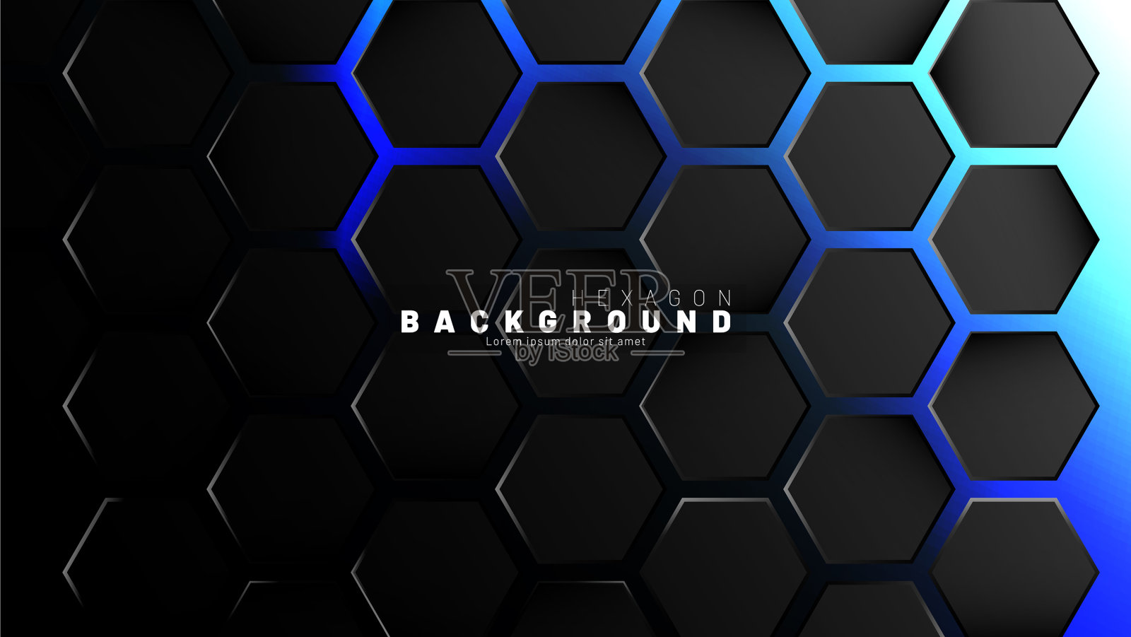 蓝色霓虹灯上的黑色六边形图案插画图片素材