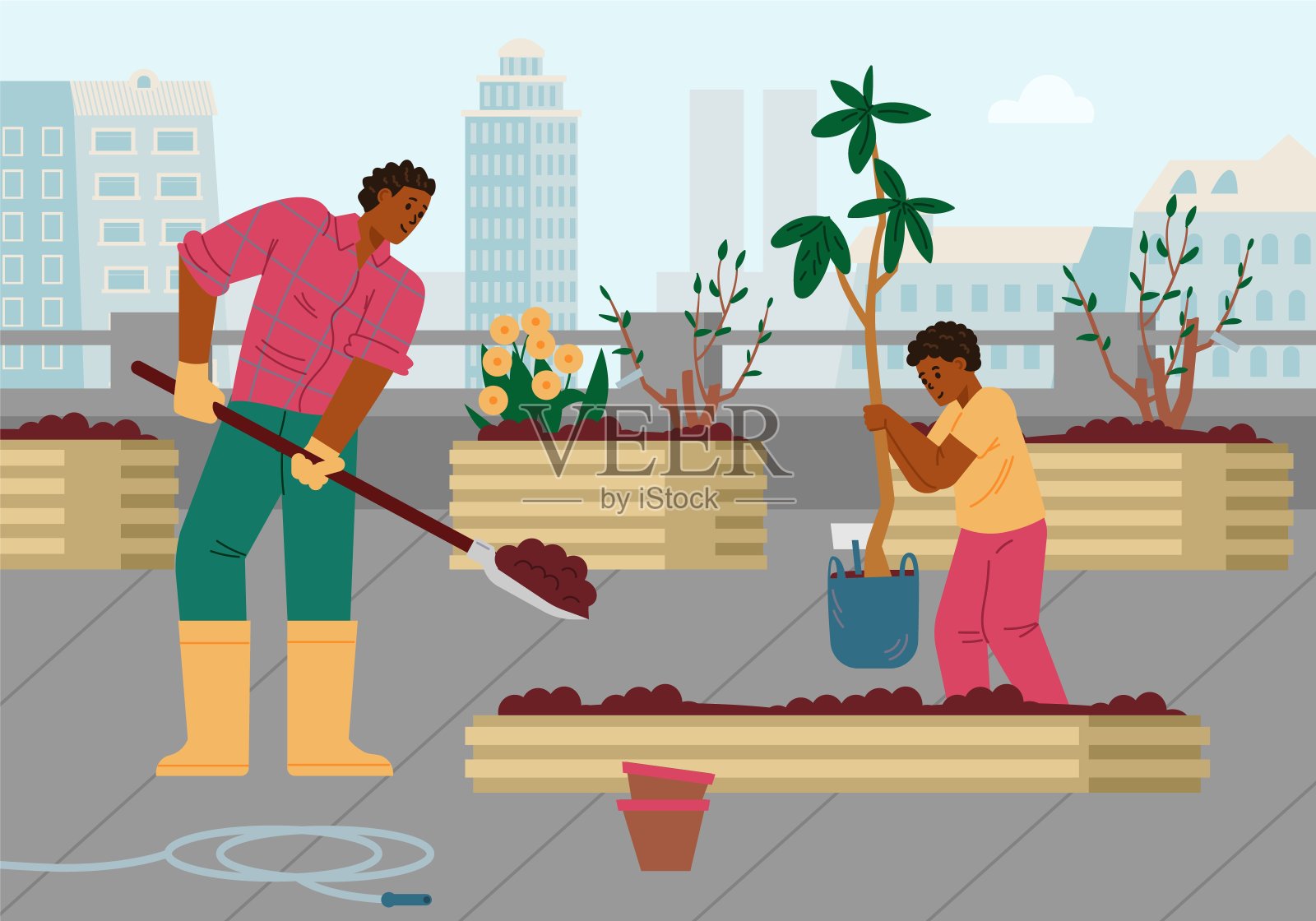 非裔美国人父亲和儿子在屋顶花园园艺插画图片素材