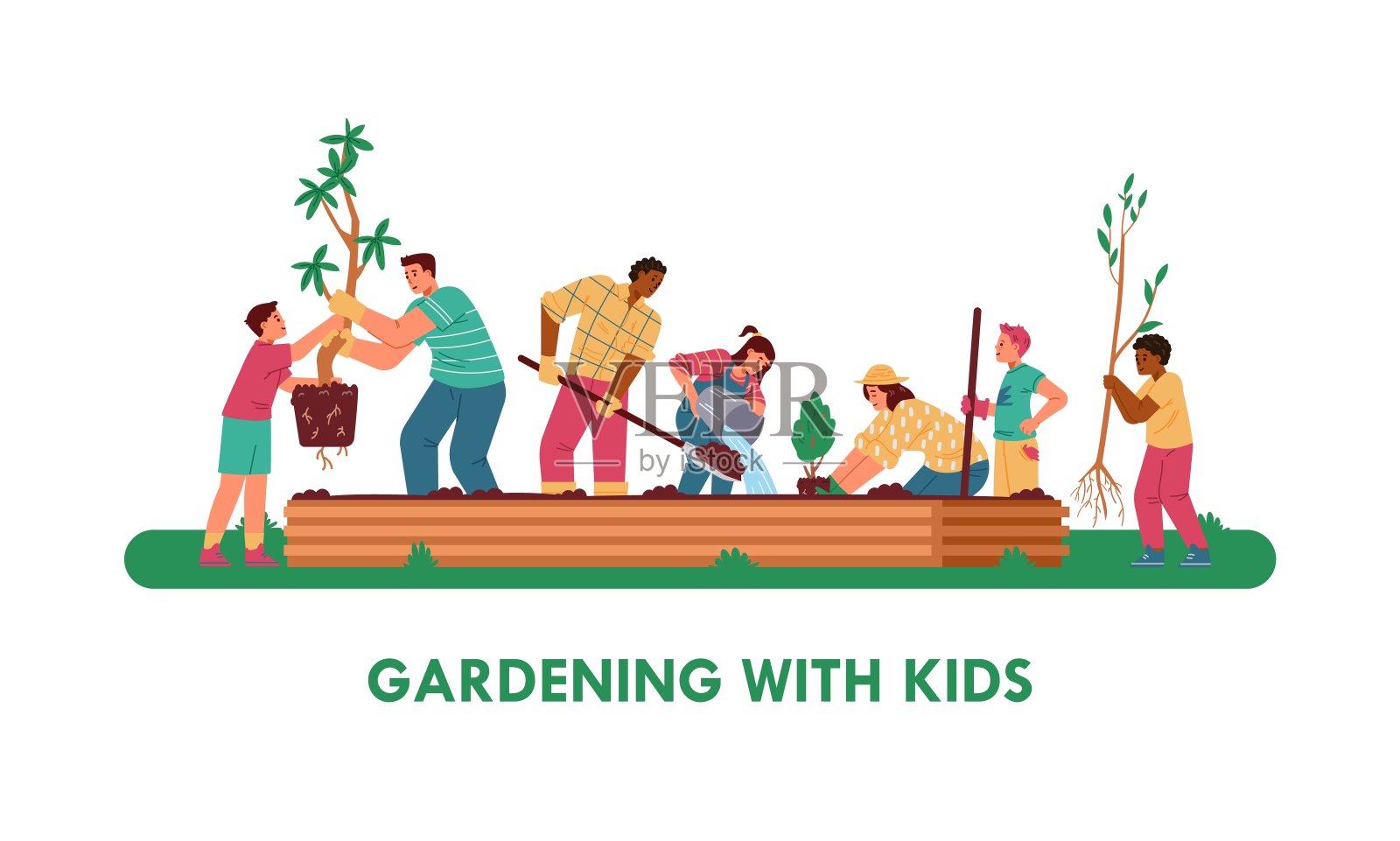 多种族儿童和成人一起植树插画图片素材