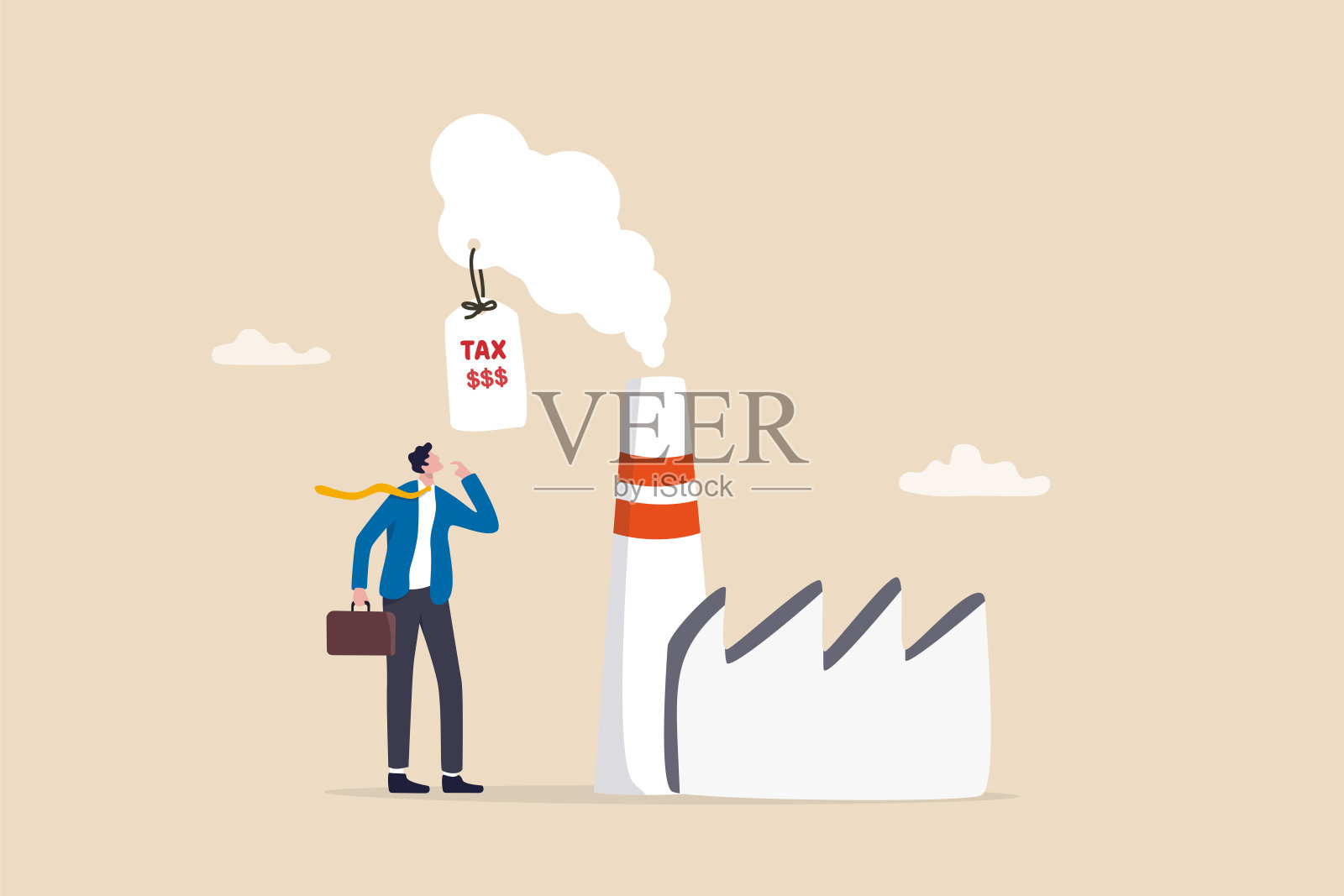 碳税，二氧化碳排放或污染的成本，对全球变暖、气候变化和环境责任收费，商人看税，对工厂烟囱的烟征收价格税。插画图片素材