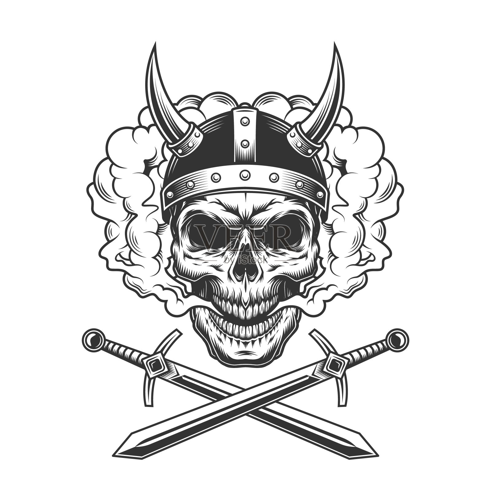 海盗头骨在烟雾云插画图片素材