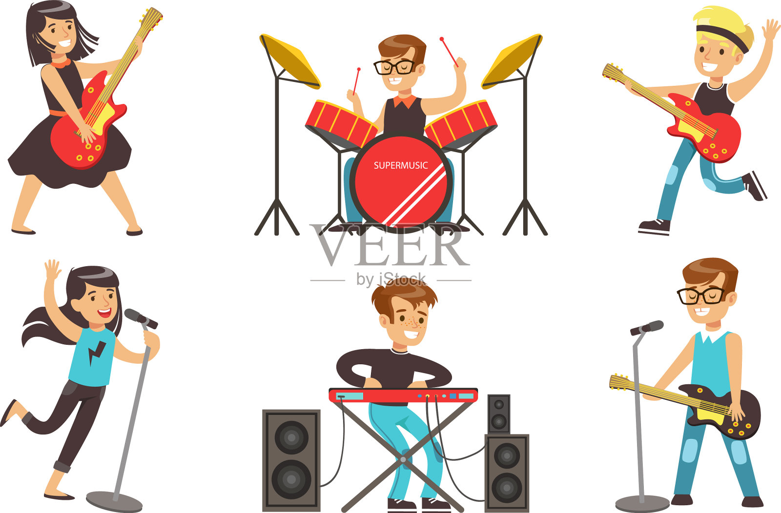 演奏乐器和唱歌的儿童插画图片素材