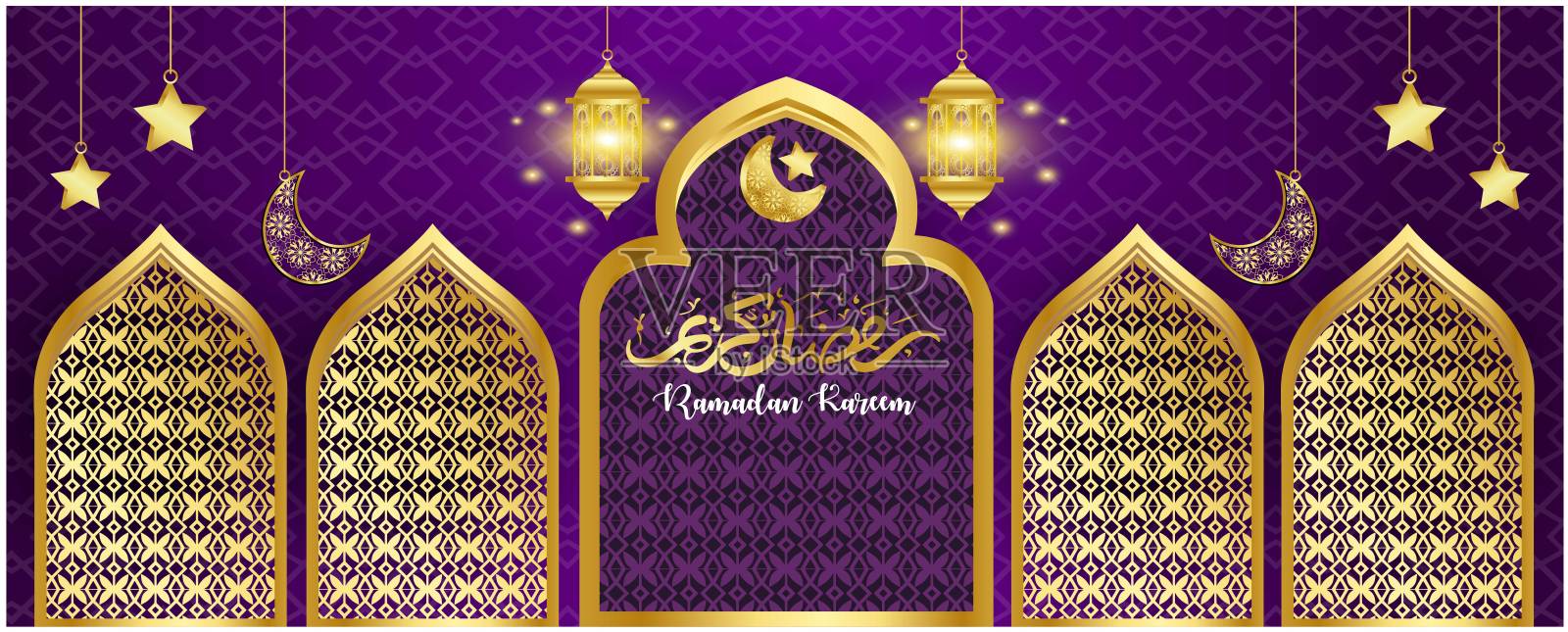斋月卡里姆概念横幅三维黄金框架阿拉伯窗口美丽的背景美丽的阿拉伯图案矢量插图挂金色新月和剪纸星星在云文本设计模板素材