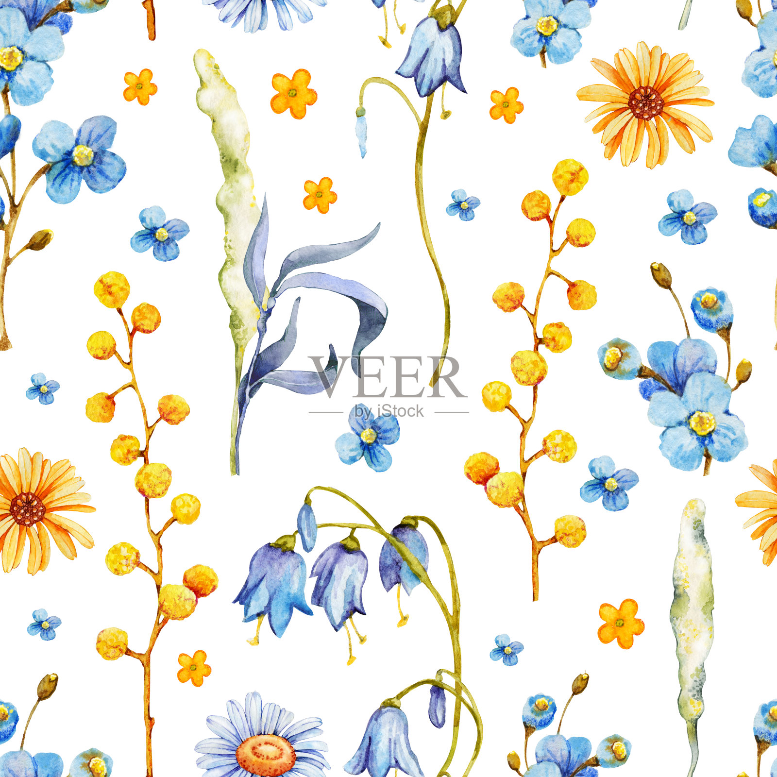 野花无缝图案，手绘水彩插图，风信子，雏菊，勿忘我插画图片素材