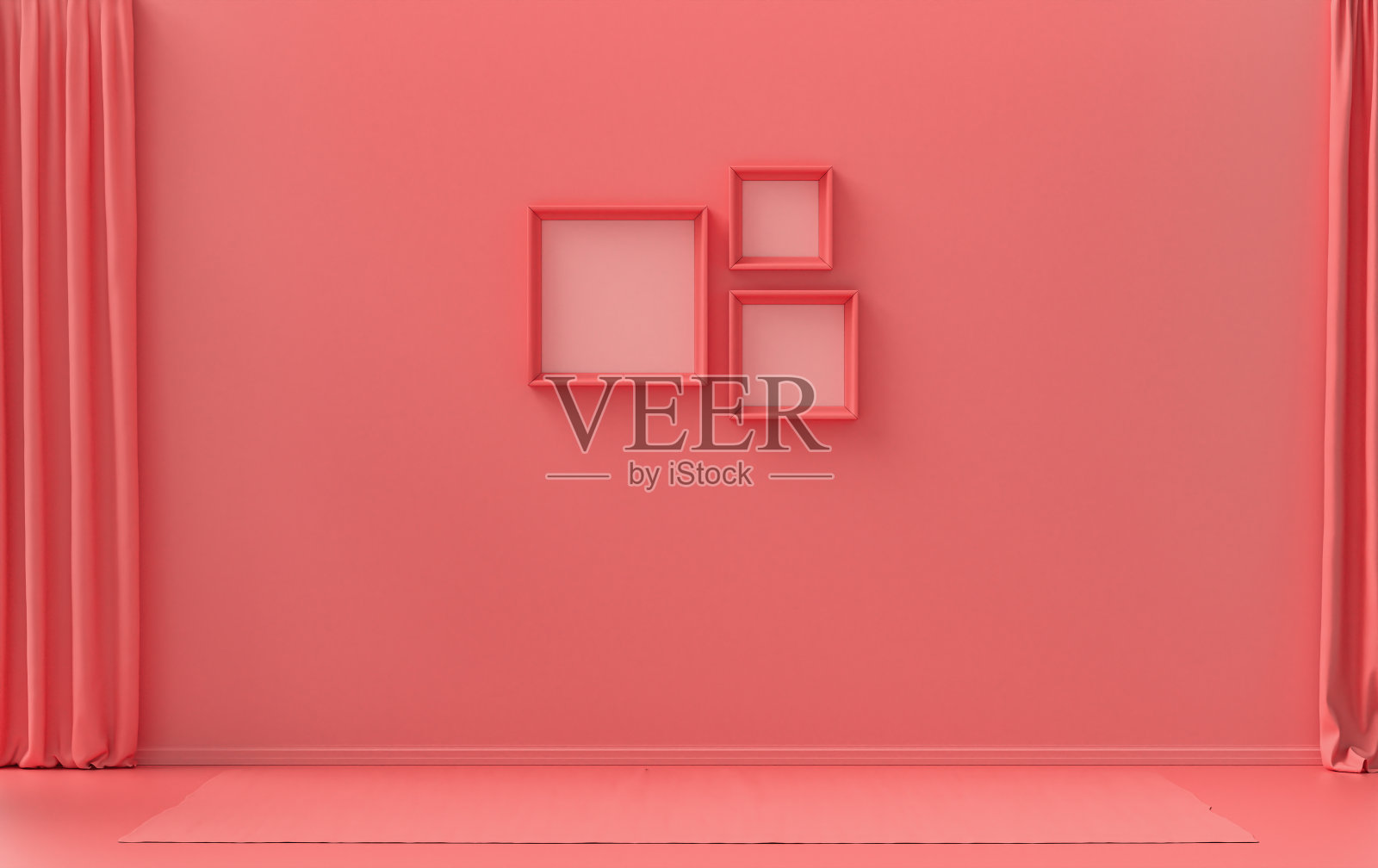 三框画廊墙，单间淡粉色无家具照片摄影图片