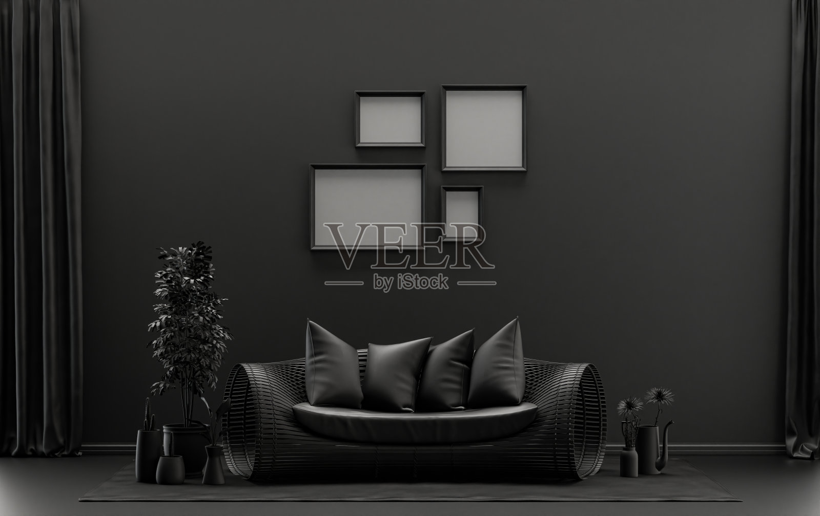 单色单色暗色室内房间和植物与4海报框架照片摄影图片