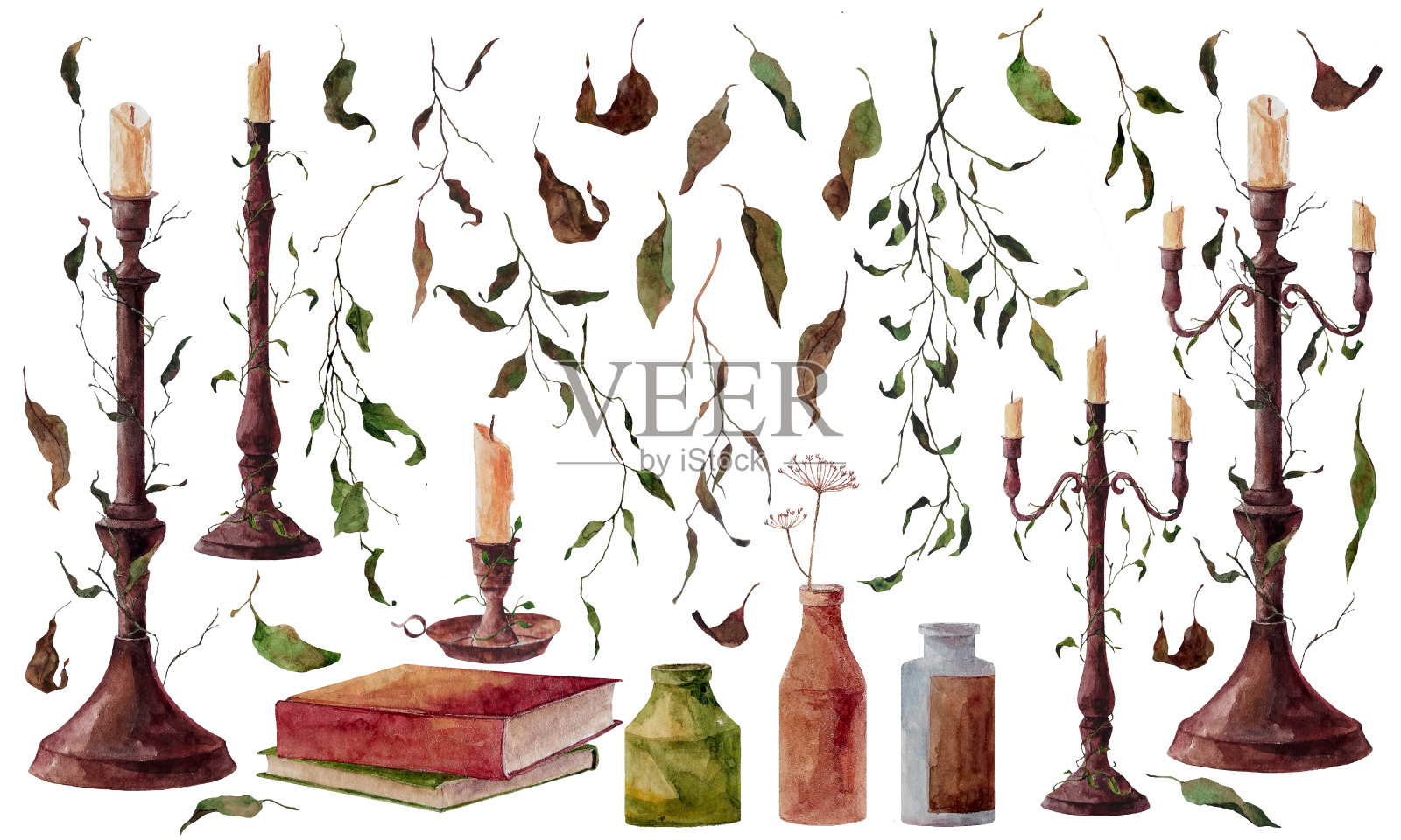 手绘水彩插图设置不同的烛台，瓶子，树枝和干树叶。插画图片素材