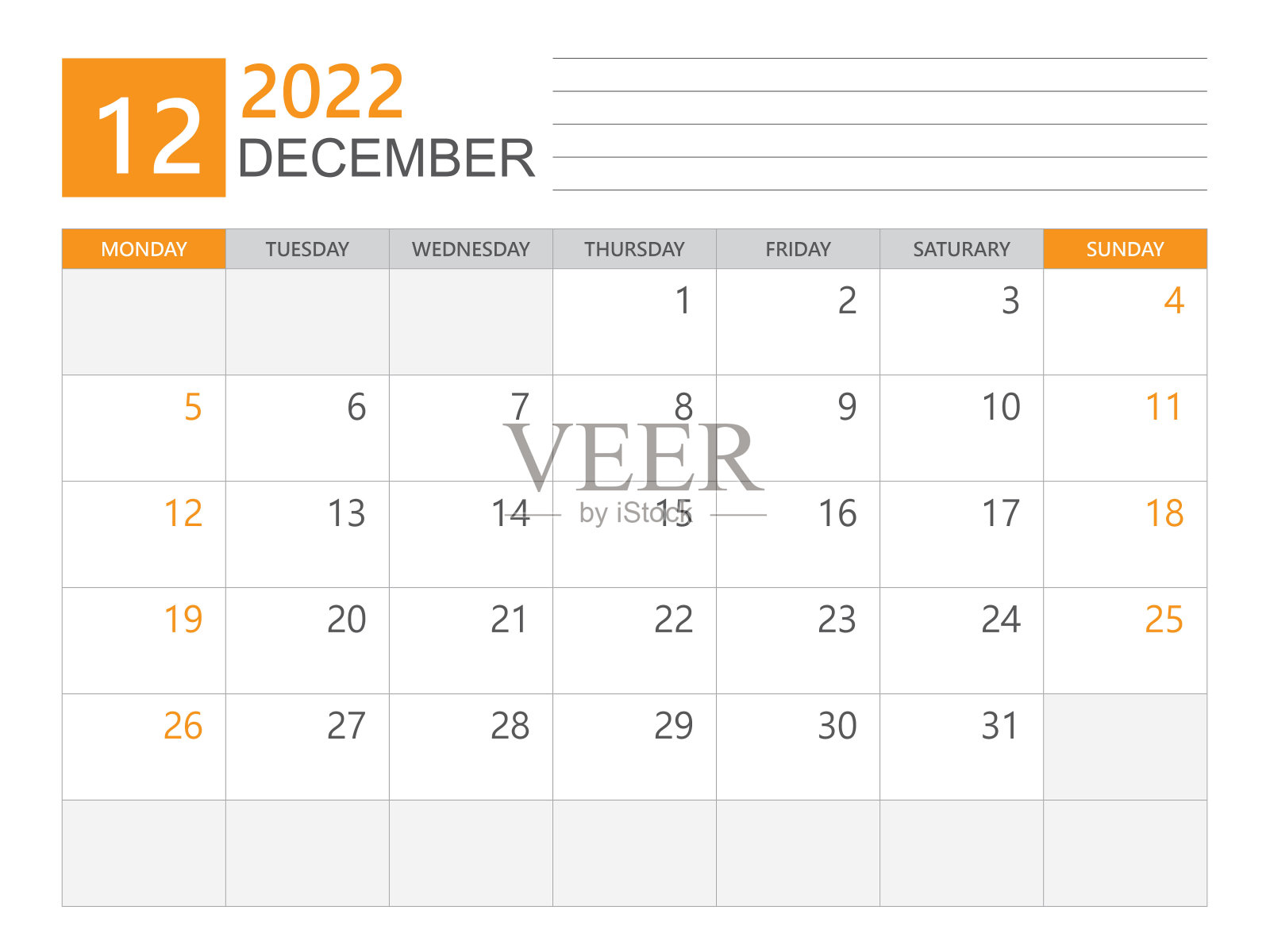 2022年12月模板，日历规划师2022年，周周一开始，台历2022年，简洁干净的设计，挂历设计，企业设计规划师模板，打印媒体向量设计模板素材