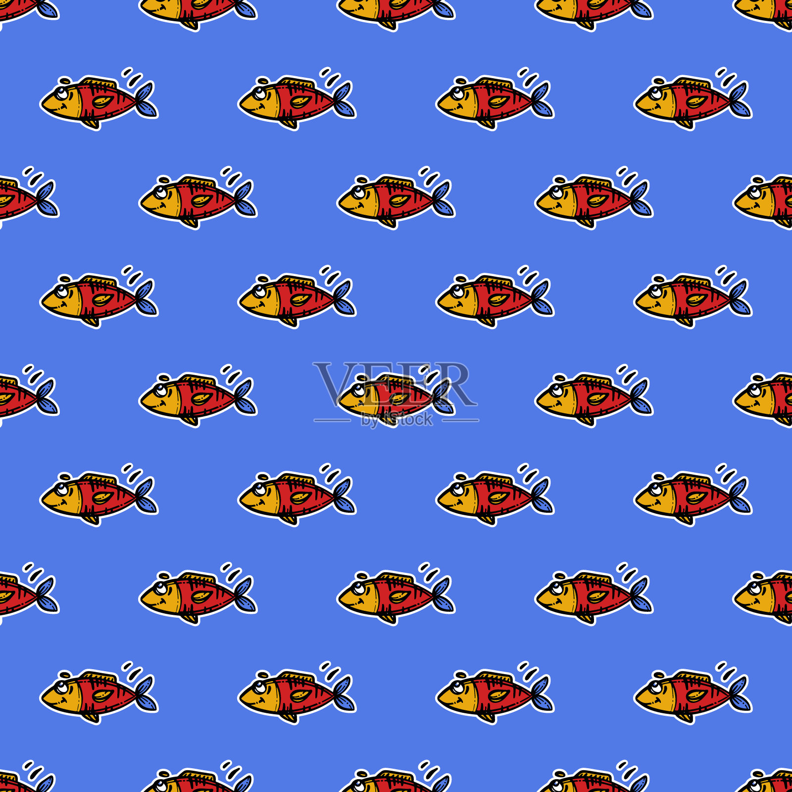 鱼微笑卡通手绘海无缝图案打印插画图片素材