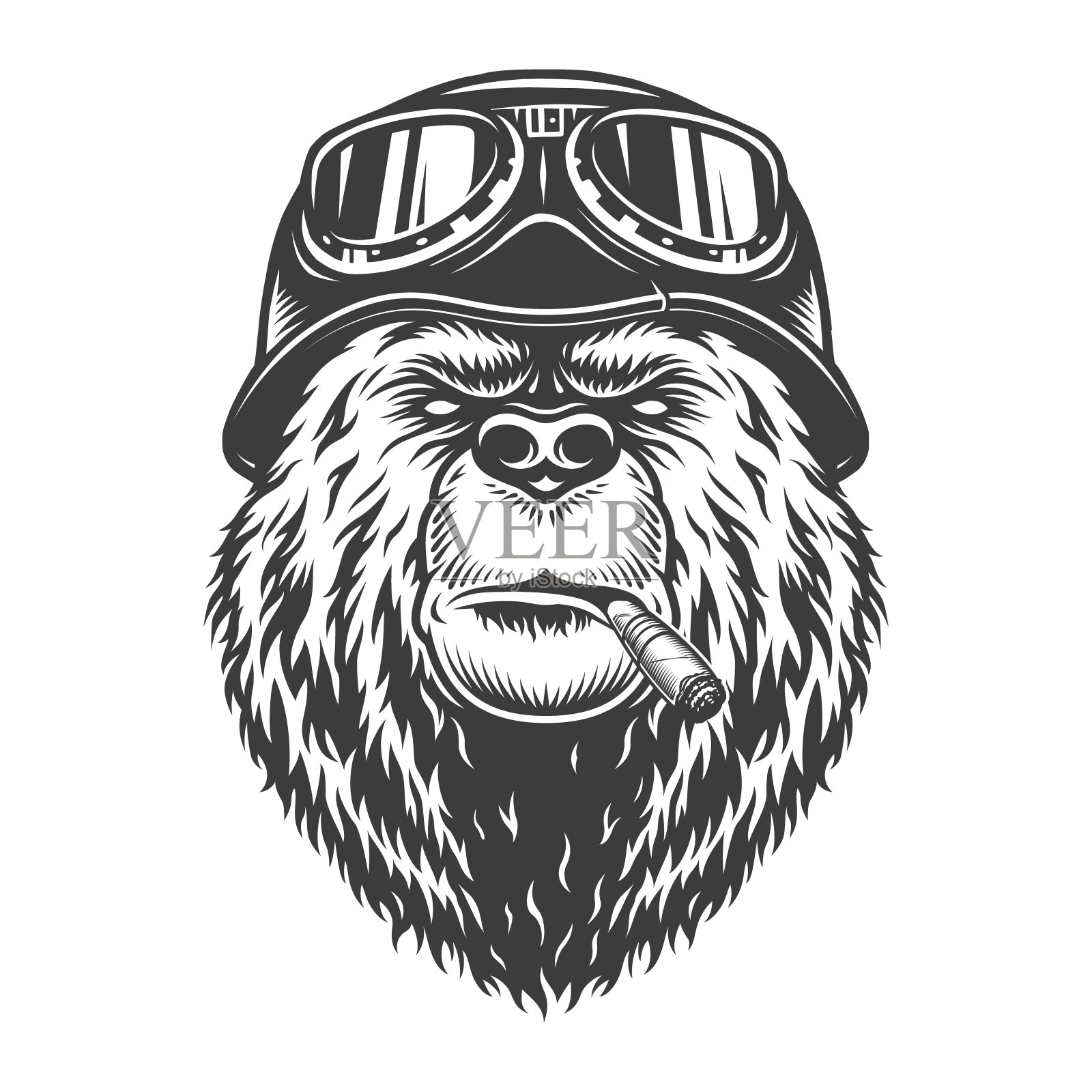 复古单色摩托车手熊头标志插画图片素材