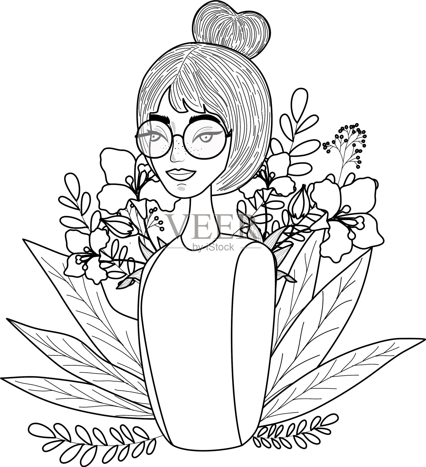 可爱的女人卡通与树叶绘图插画图片素材