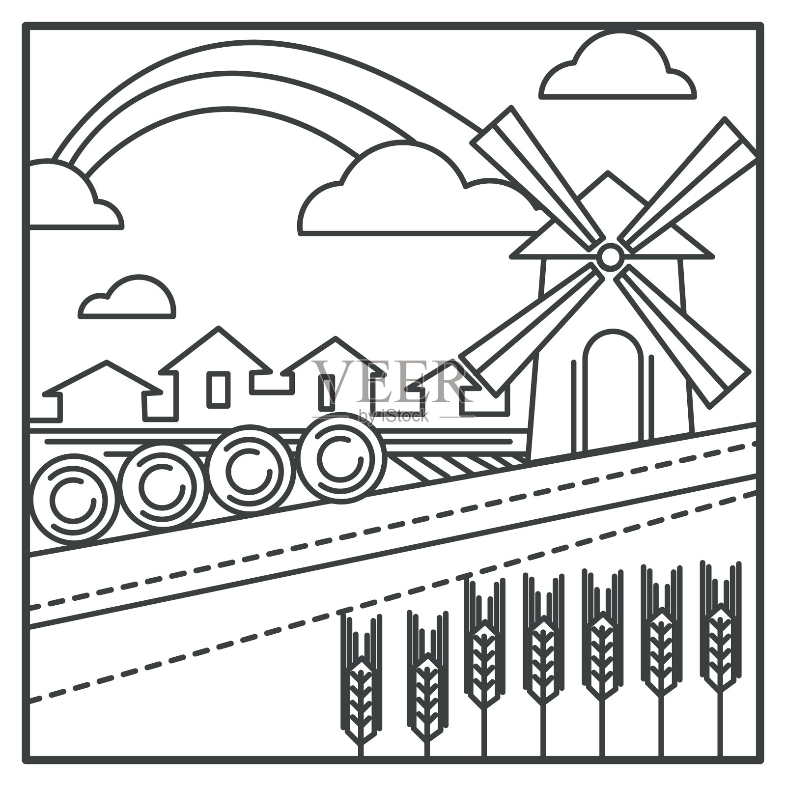 麦田和磨坊干草捆和村庄房屋设计元素图片