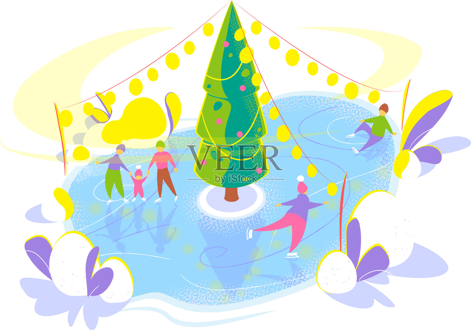滑冰的人在溜冰场与圣诞树插画图片素材