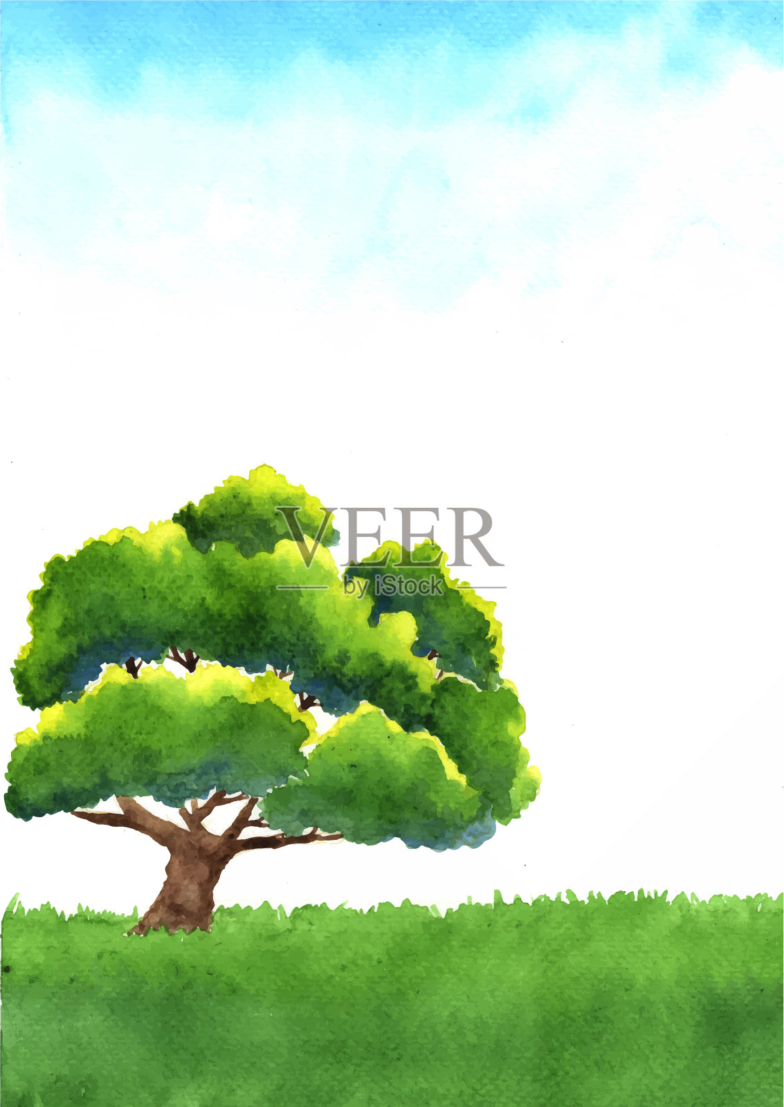 巨大的树在绿色草地与天空背景插画图片素材