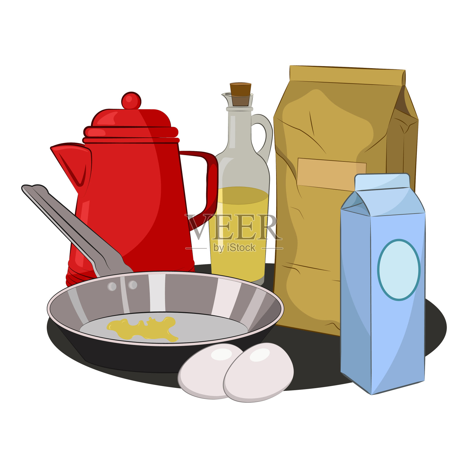 早餐备有煎锅、鸡蛋、牛奶、橄榄油设计元素图片