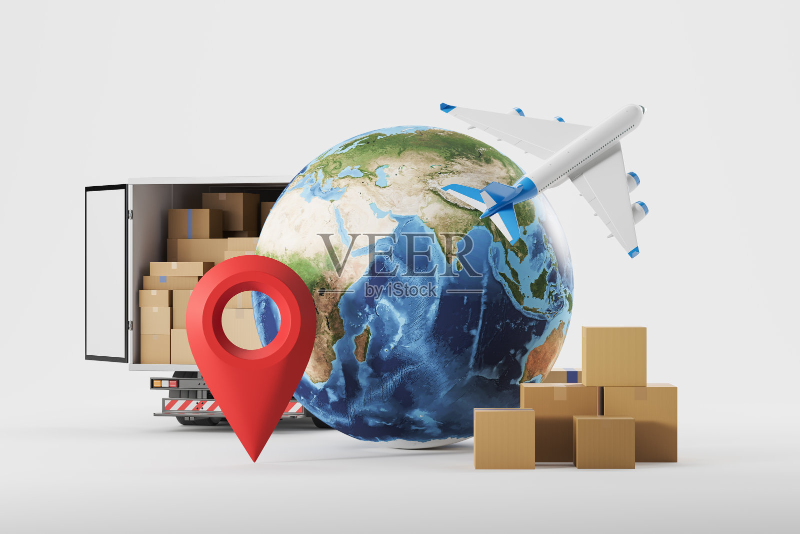 飞机和快递服务，纸盒，接地和定位销照片摄影图片