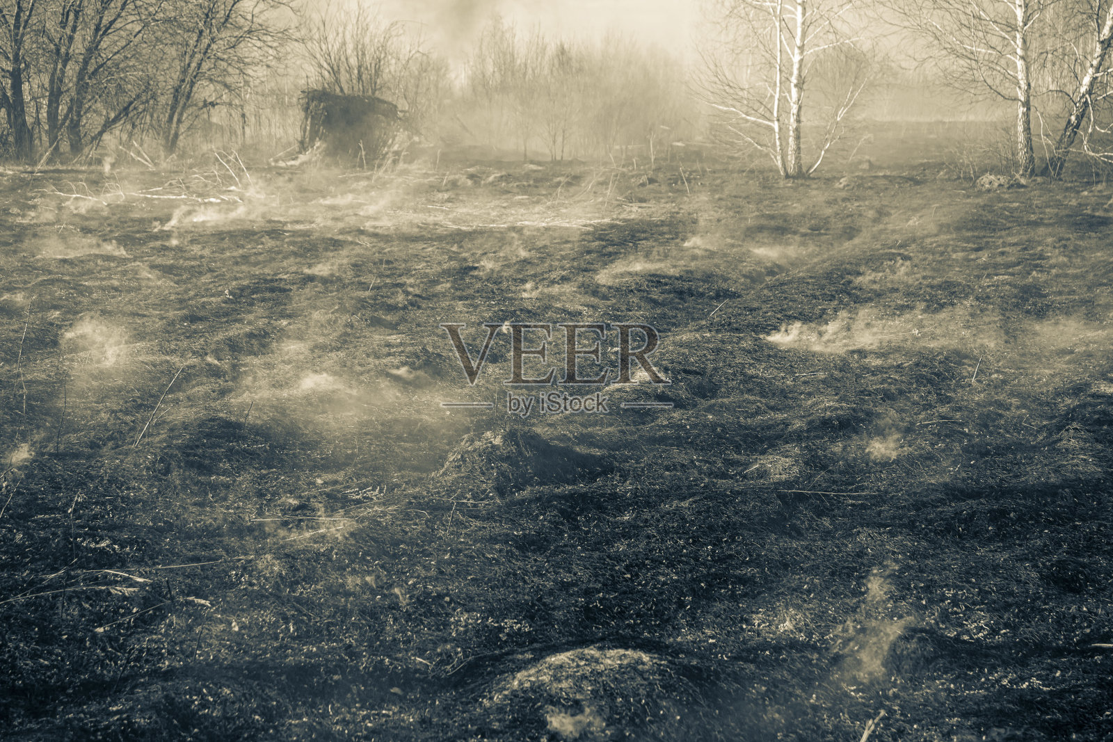 在早春的干燥的田野里的火和被烧毁的地方留下的烟，前面和后面的背景被散景效果模糊照片摄影图片
