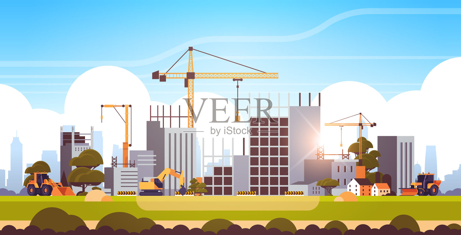 现代建筑工地有起重机、拖拉机和插画图片素材