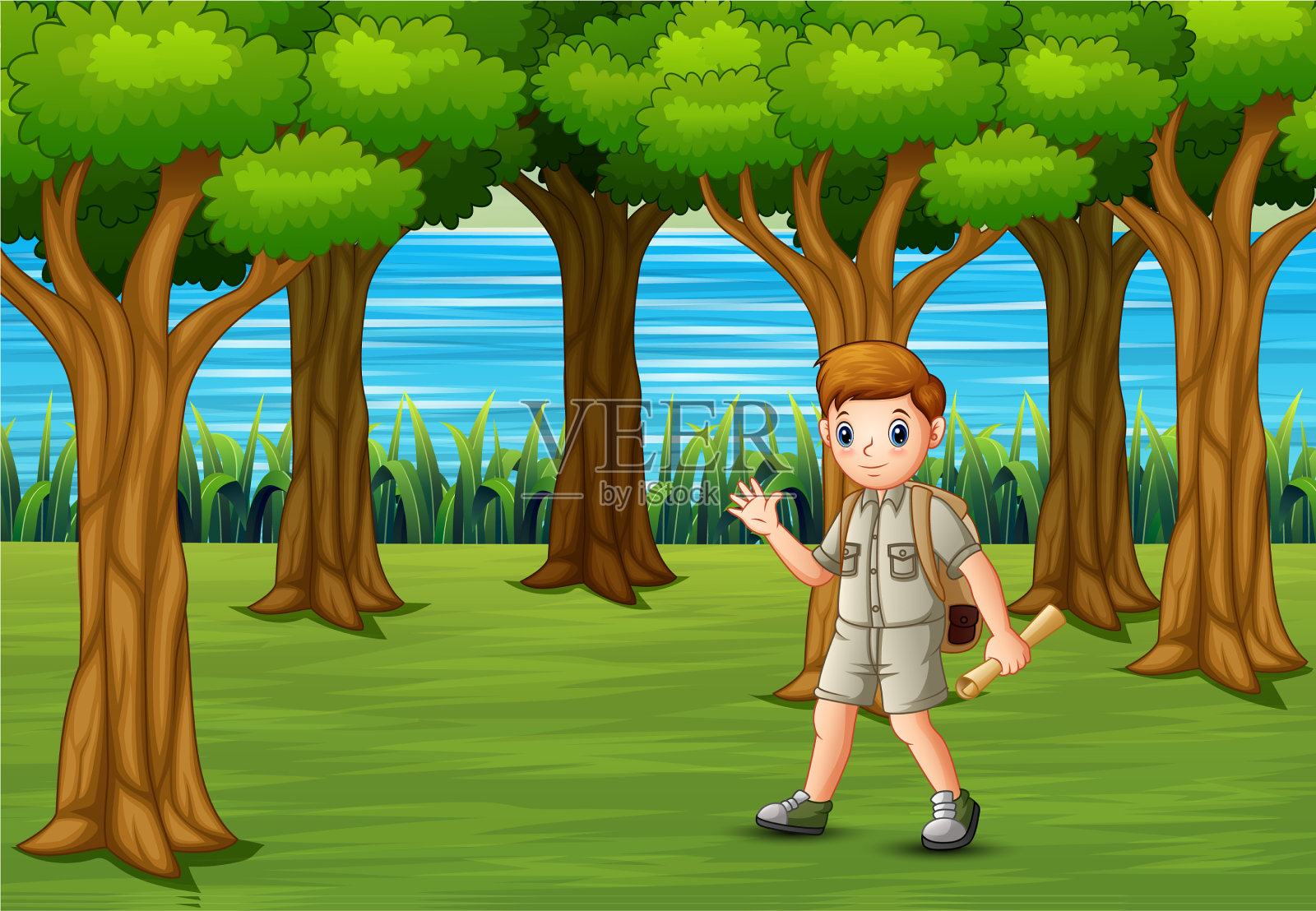 童子军背着背包在森林里徒步旅行插画图片素材