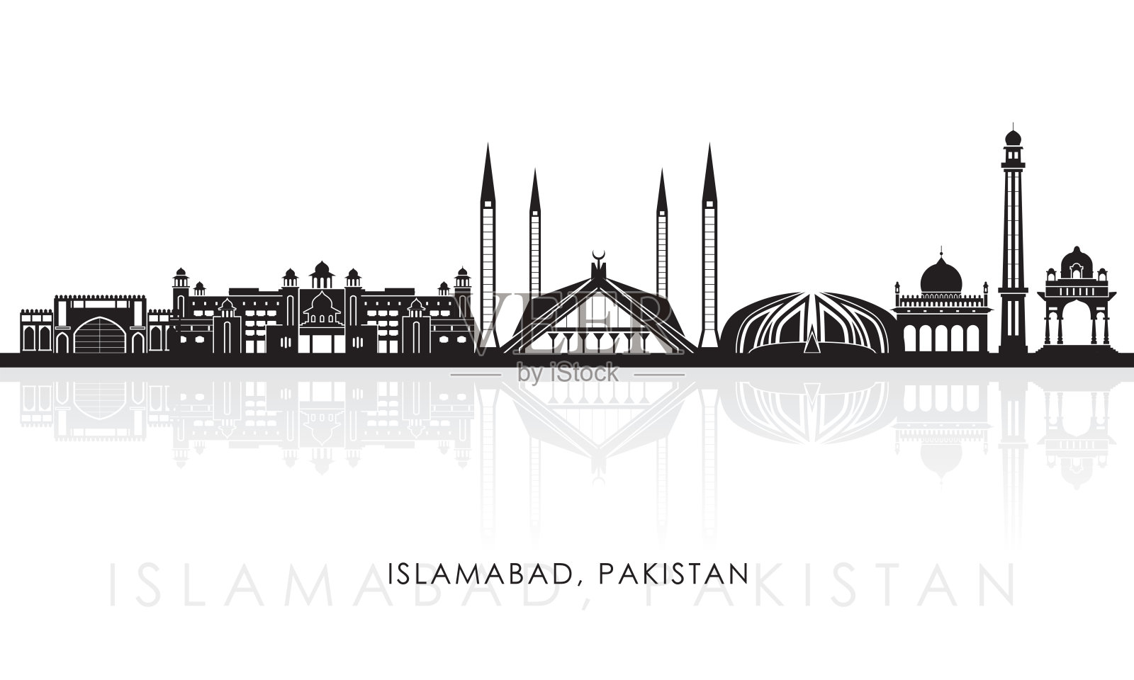 巴基斯坦伊斯兰堡城市轮廓轮廓的天际线全景插画图片素材