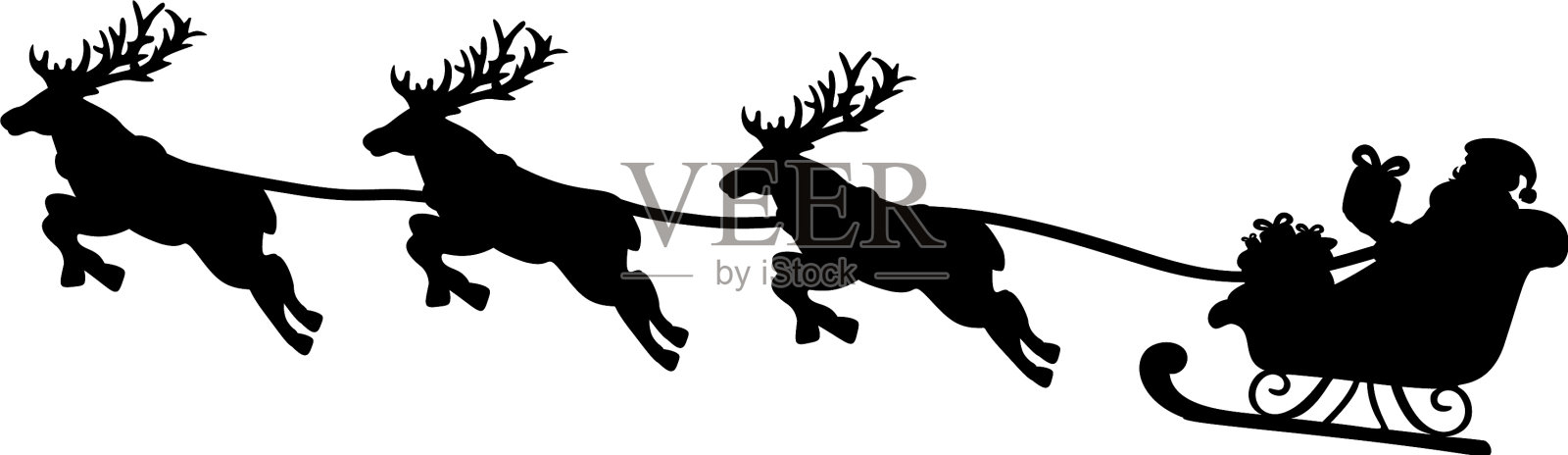 剪影圣诞老人在雪橇和飞行驯鹿设计元素图片