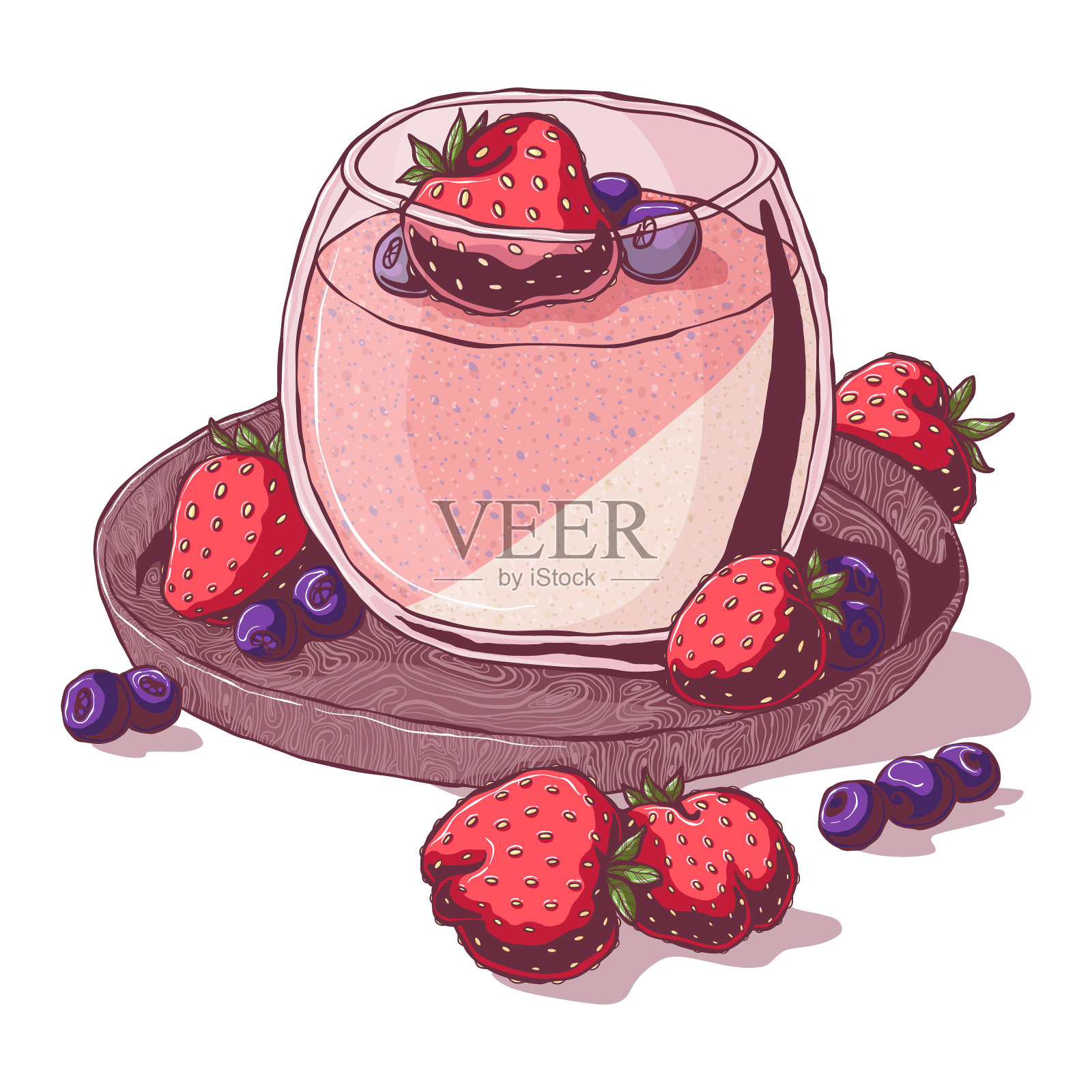 草莓蓝莓意式奶冻。手绘矢量插图卡通风格。孤立在白色背景。意大利甜点。插画图片素材