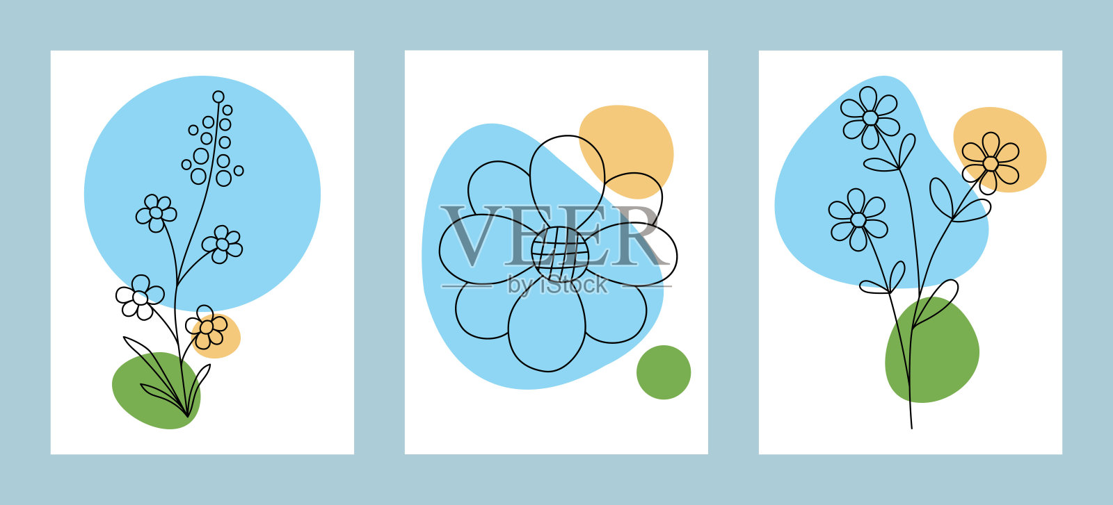 一套海报与花在线条艺术风格与点插画图片素材