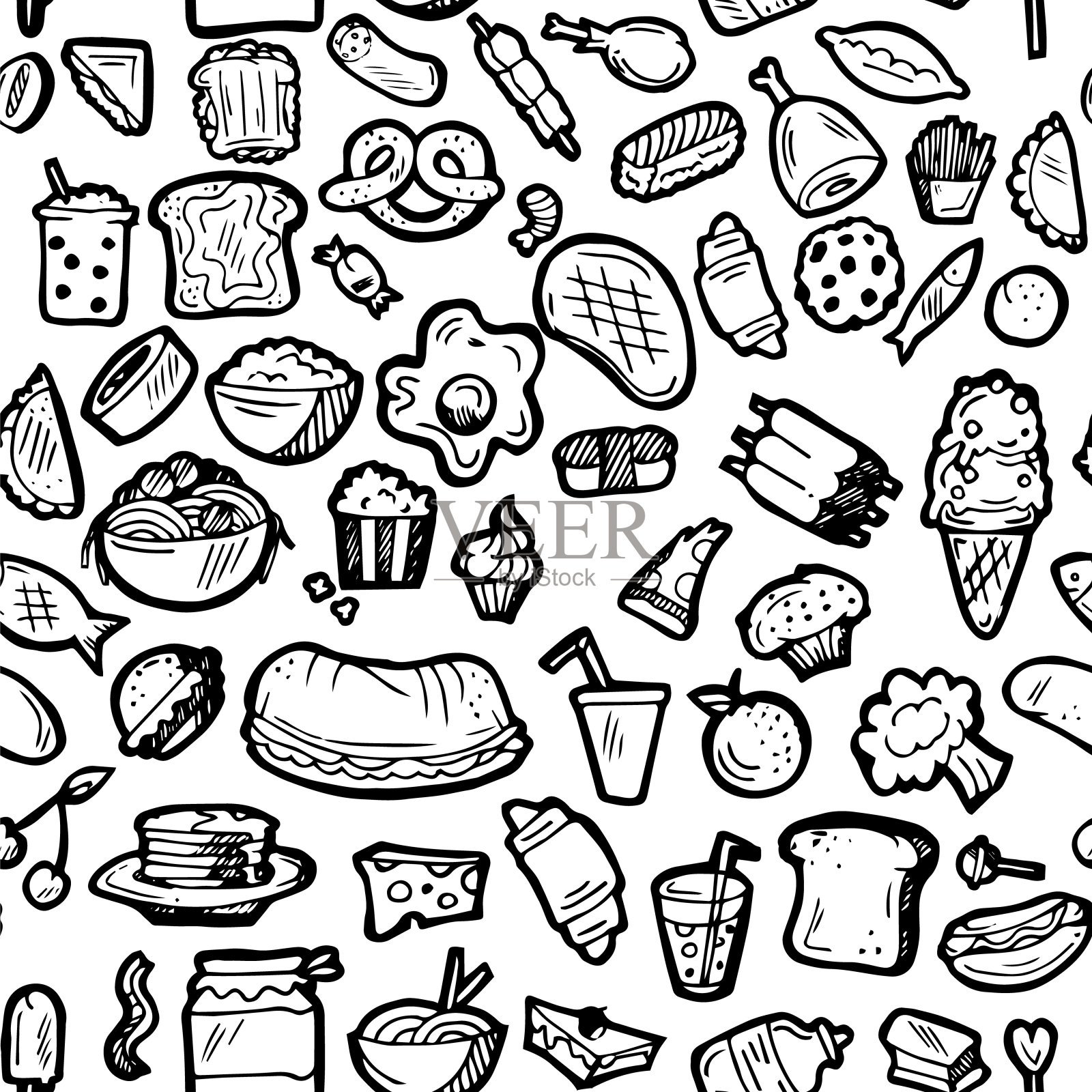 的食物。烤面包和荤菜。手绘轮廓。孤立在白色背景。单色画。向量插画图片素材