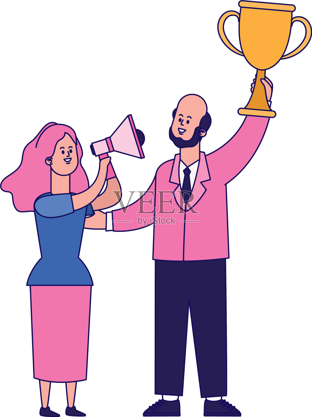 拿着扩音器的卡通女人和商人插画图片素材