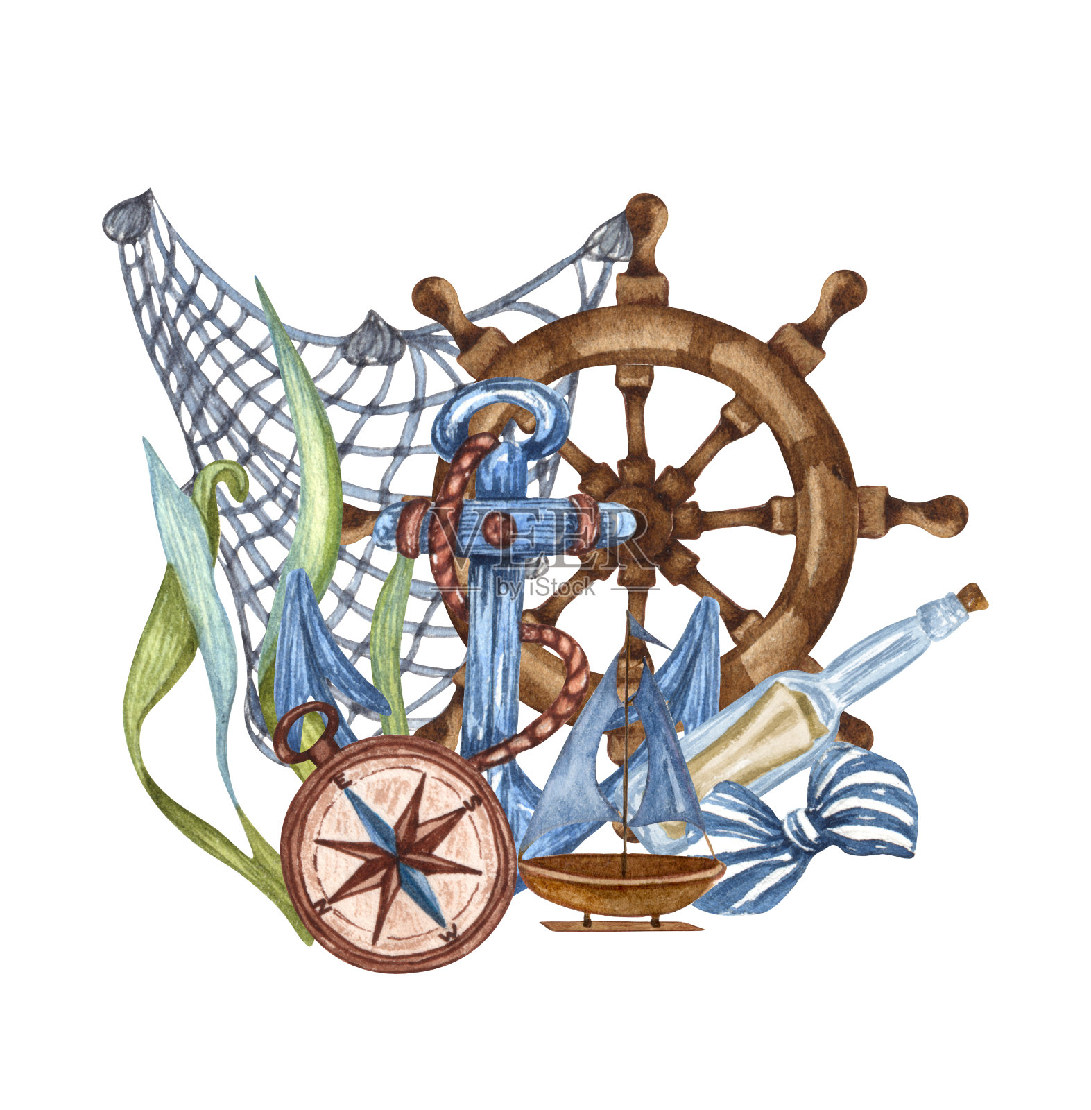 水彩手绘航海，海洋插图与灯塔，救生圈，锚，方向盘，船和指南针插画图片素材