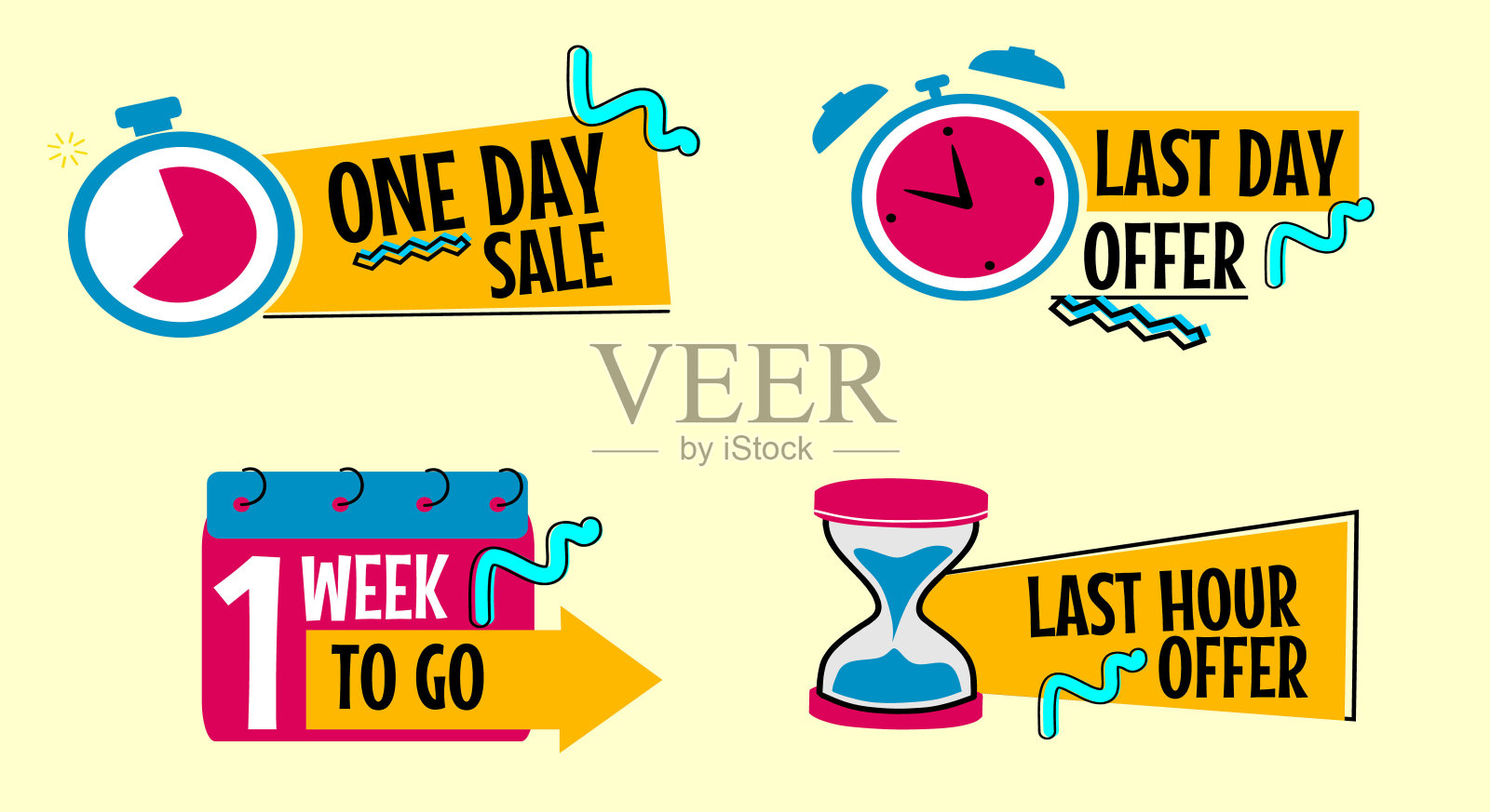 一套横幅与平面设计风格和时钟图标。促销广告徽章设计元素图片