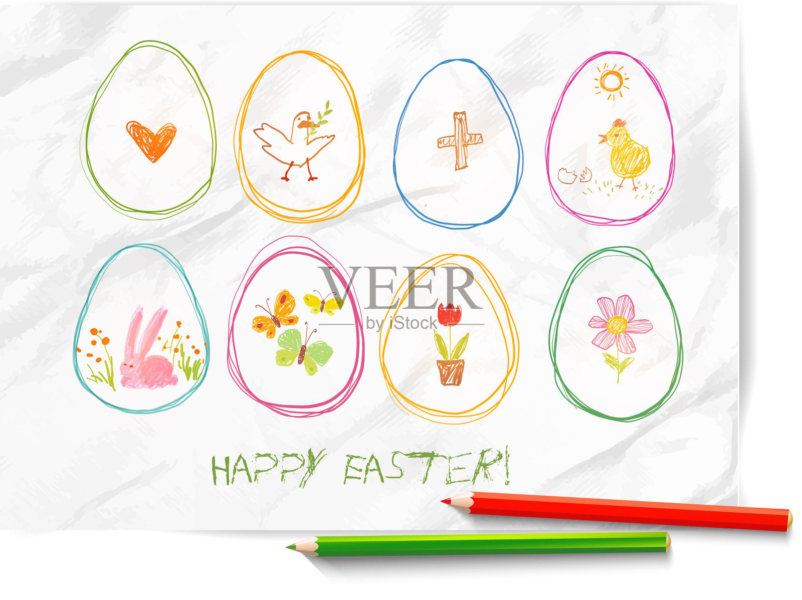 儿童画复活节涂鸦彩色蜡笔在白纸的背景。插画图片素材