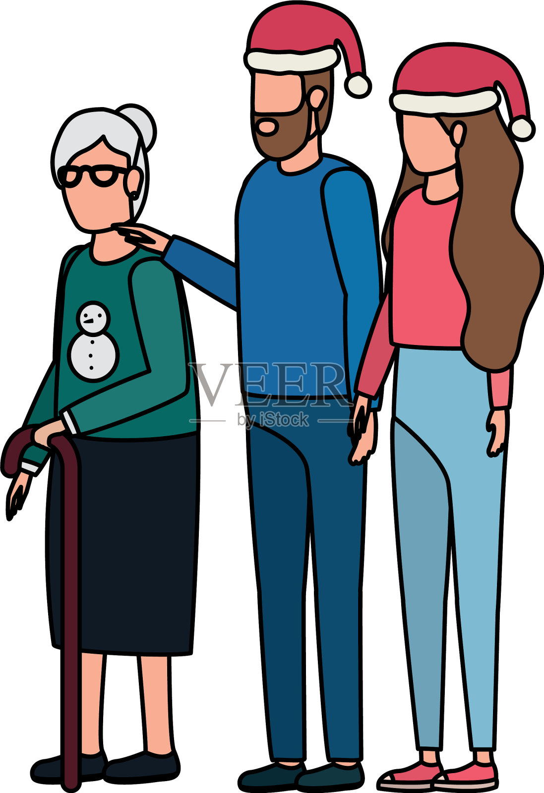 可爱的奶奶和一对年轻夫妇一起过圣诞节设计元素图片