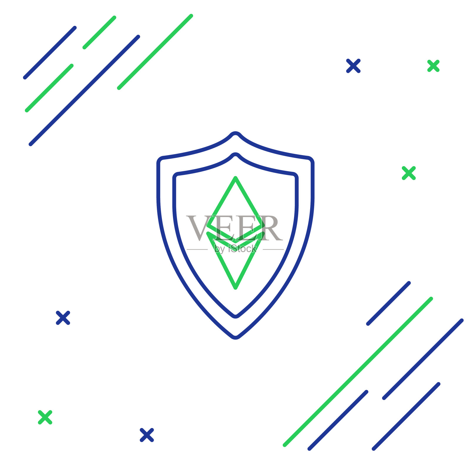 蓝色和绿色线盾以太坊eth图标上插画图片素材