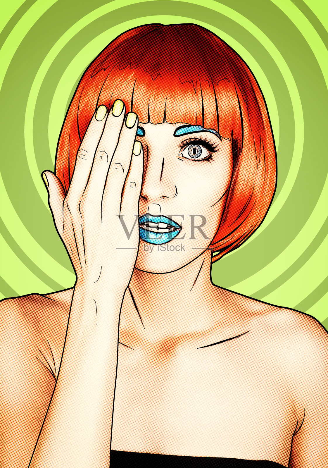 年轻女子肖像在漫画流行艺术化妆风格。黄色卡通背景的红色假发女性插画图片素材