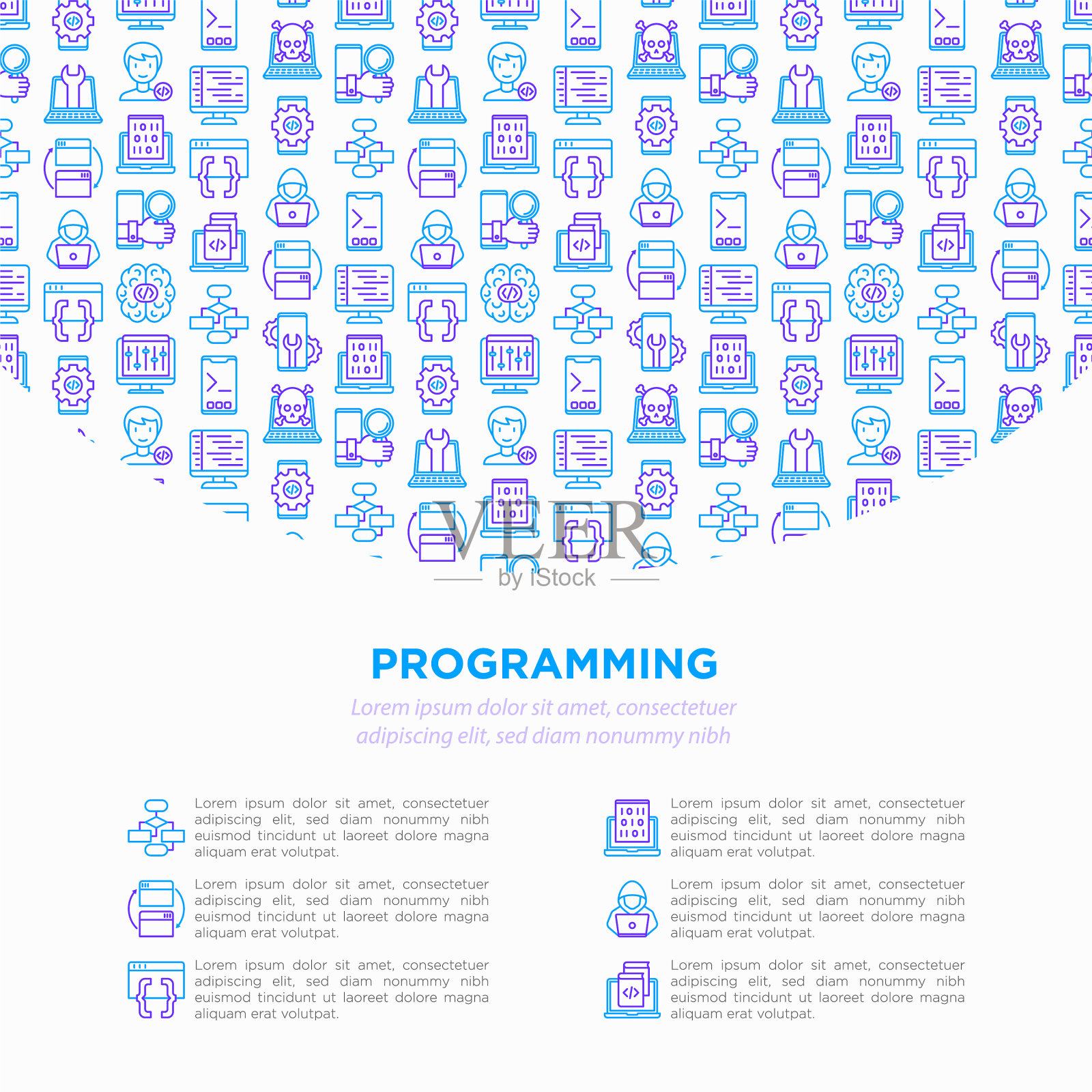 带有细线图标的编程概念插画图片素材