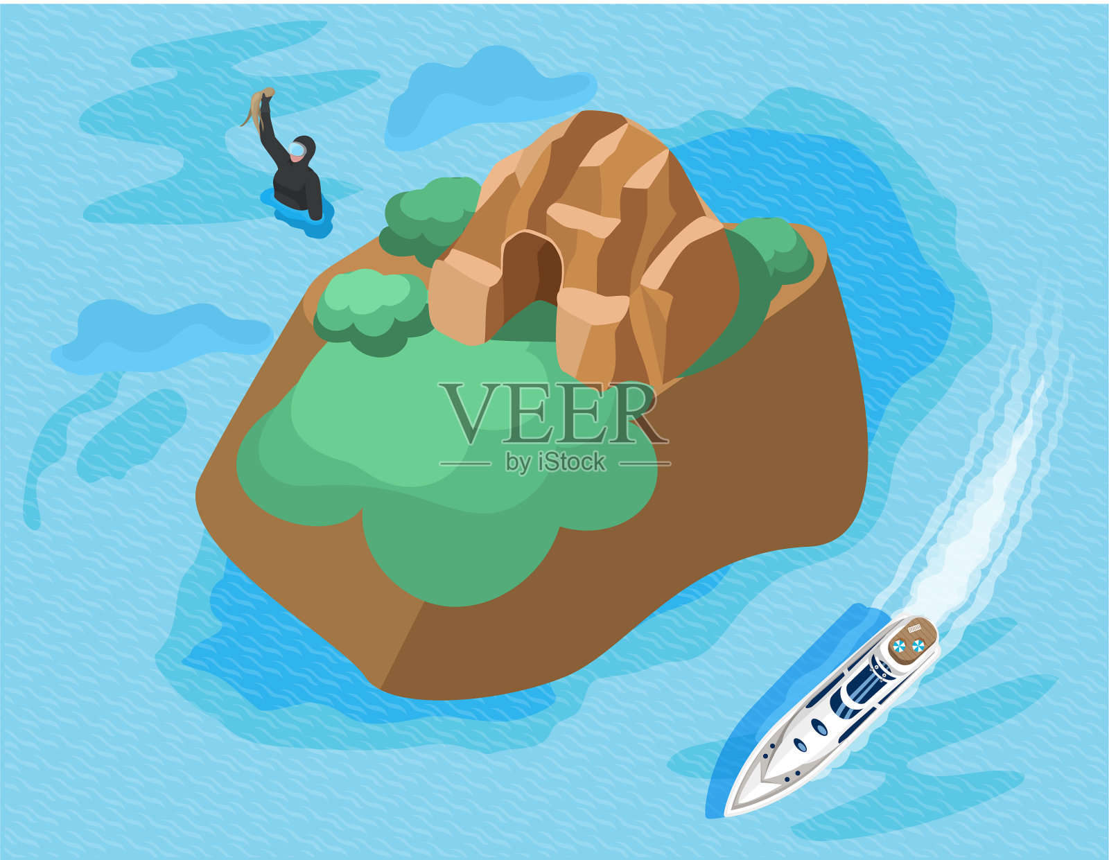 快艇在热带岛屿附近被突袭插画图片素材