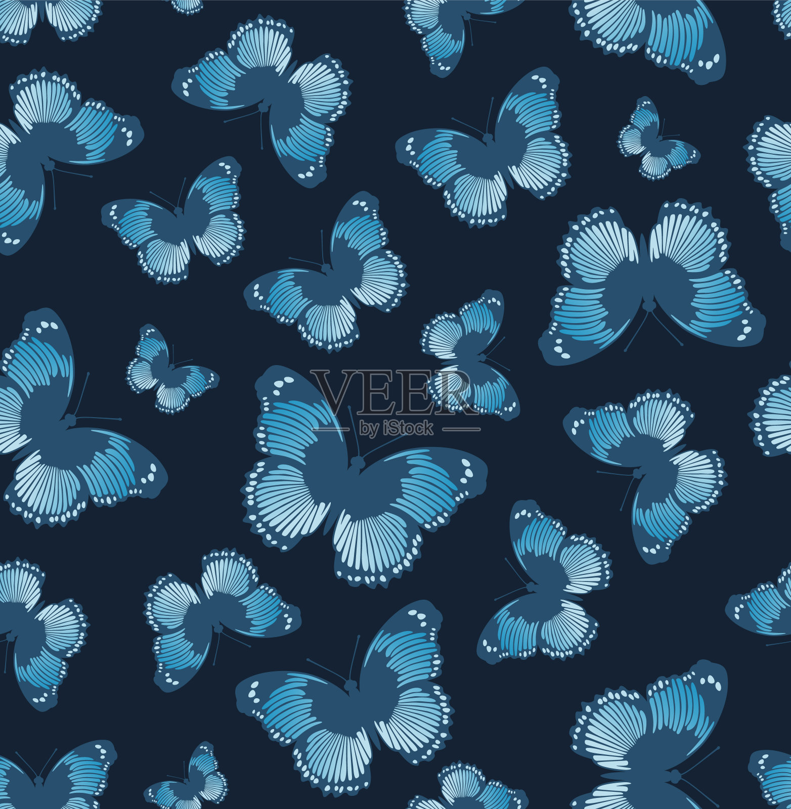 蓝色背景上的蓝色蝴蝶图案。适用于窗帘、墙纸、织物、包装纸等。设计元素图片