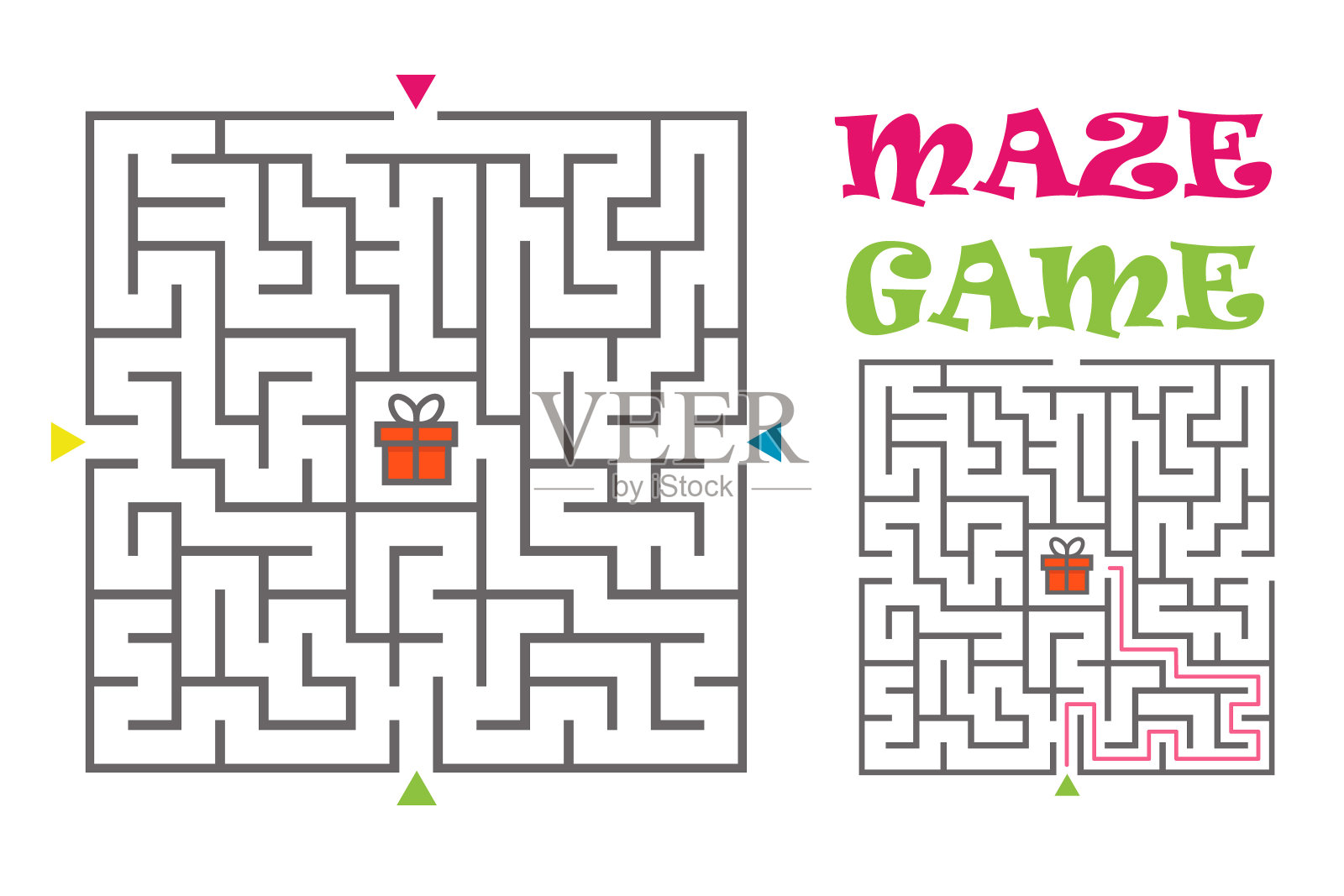 方形迷宫迷宫游戏的孩子。逻辑难题。四个入口，一条右边的路。矢量平面插图插画图片素材