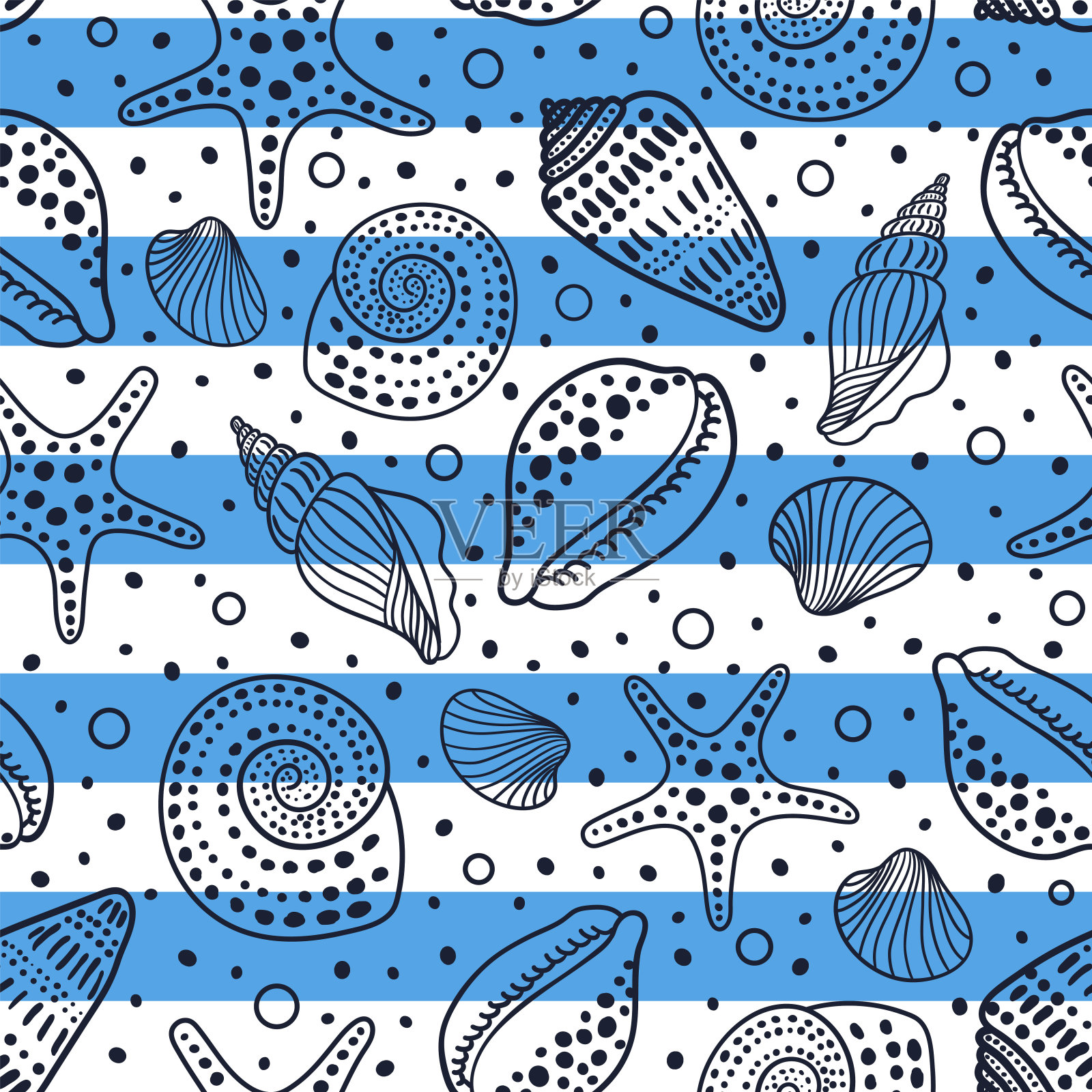 航海无缝模式。带有贝壳和化石的剥离海洋媒介背景。可爱的时尚印花与海洋动物插画图片素材