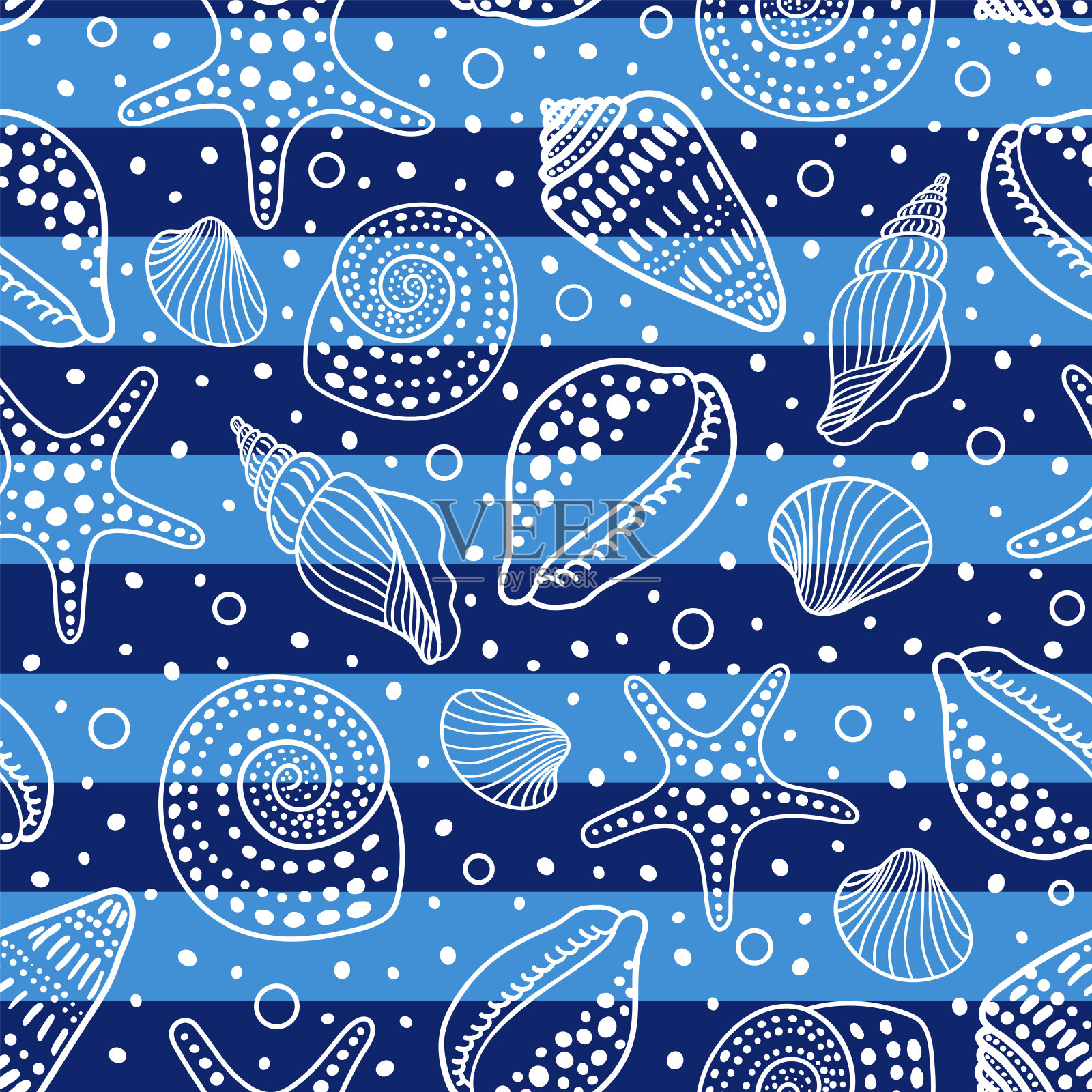 航海无缝模式。带有贝壳和化石的剥离海洋媒介背景。可爱的时尚印花与海洋动物插画图片素材