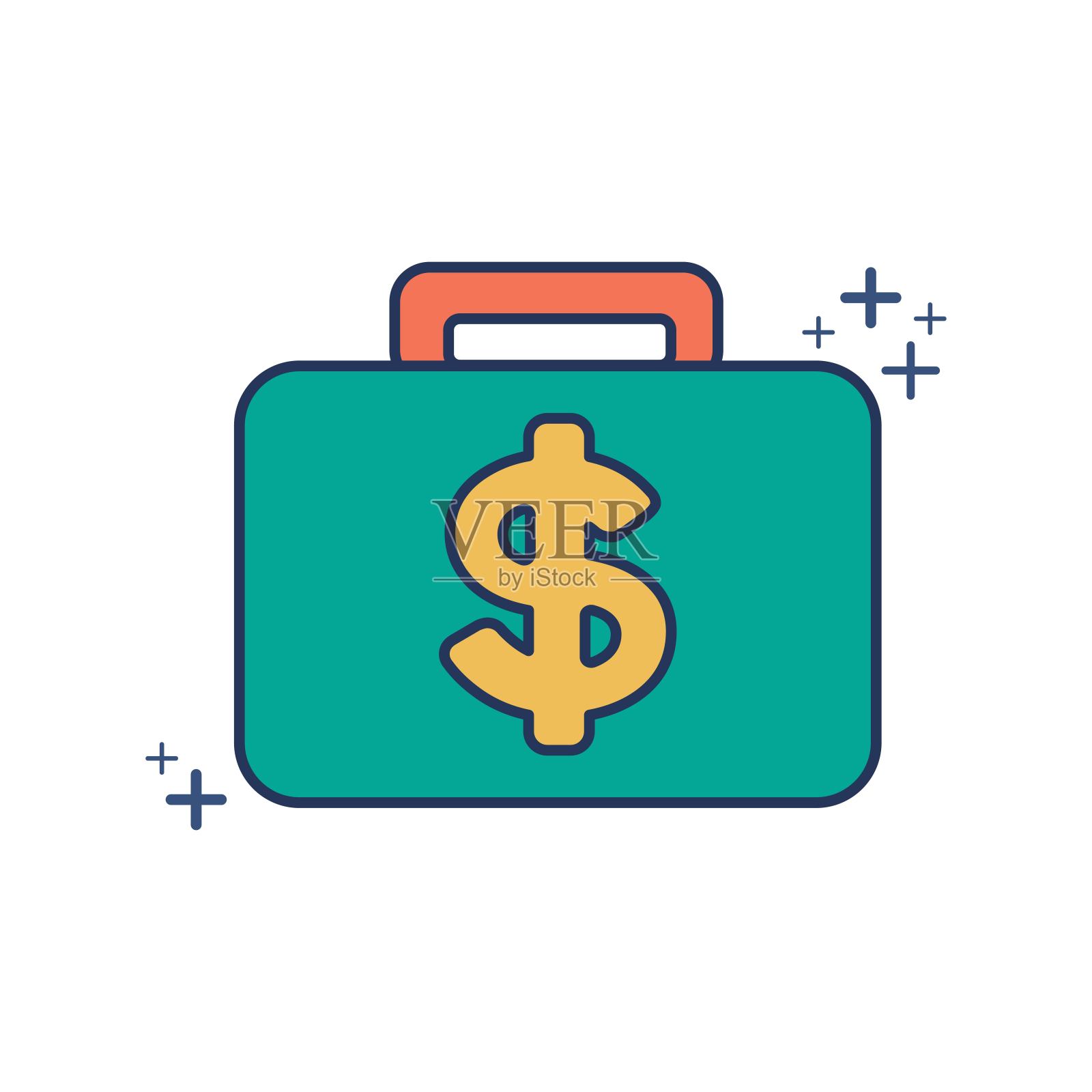 钱行李图标矢量插图字形风格设计与颜色和加号。孤立在白色背景。插画图片素材