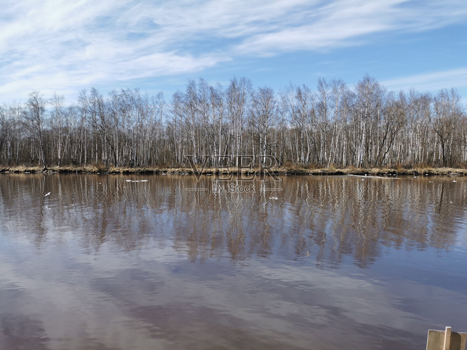 早春的古鲁卡河，河水倒映着树木和蓝天。照片摄影图片