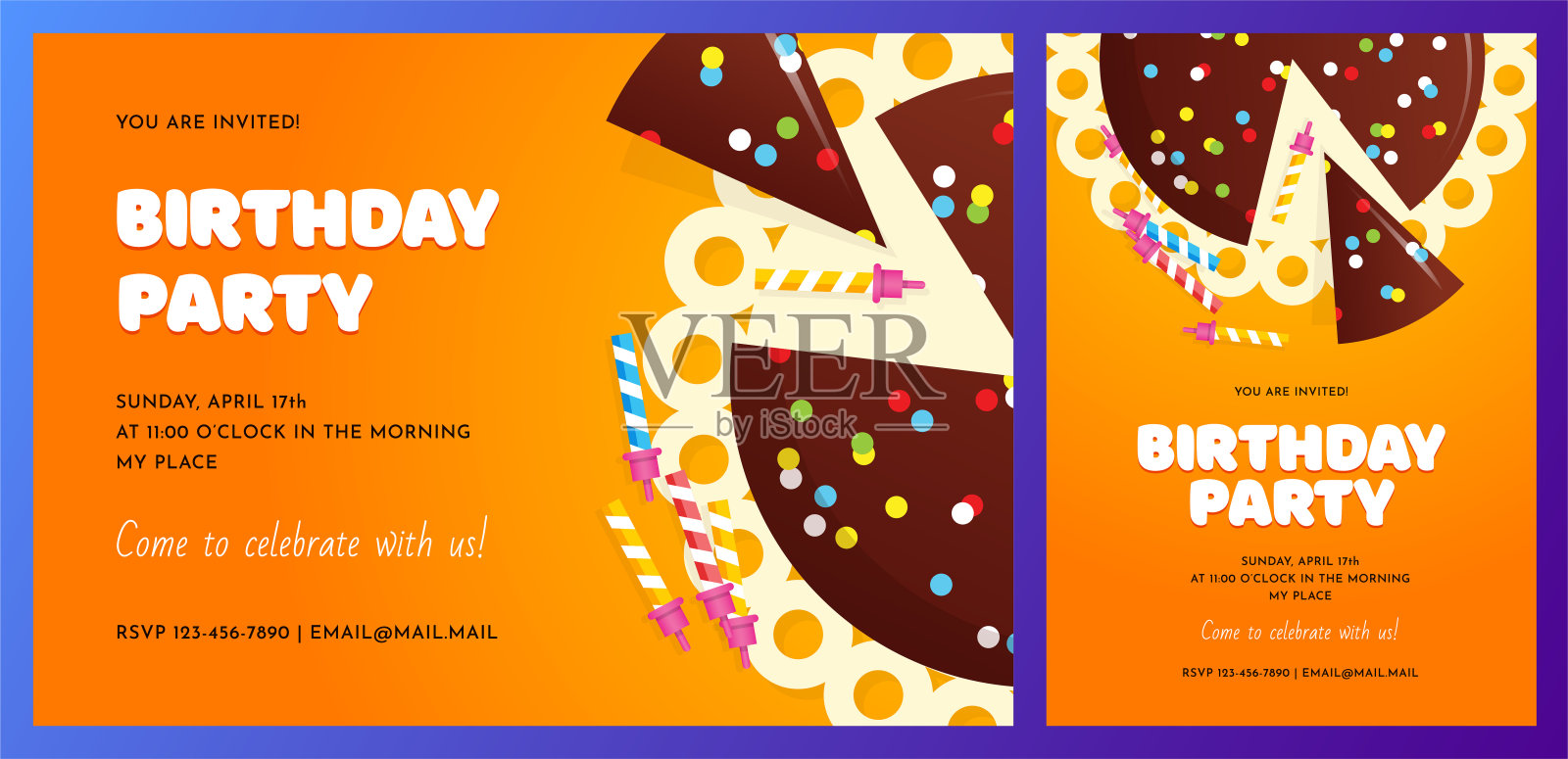 一套生日邀请卡通蛋糕顶视图插画图片素材